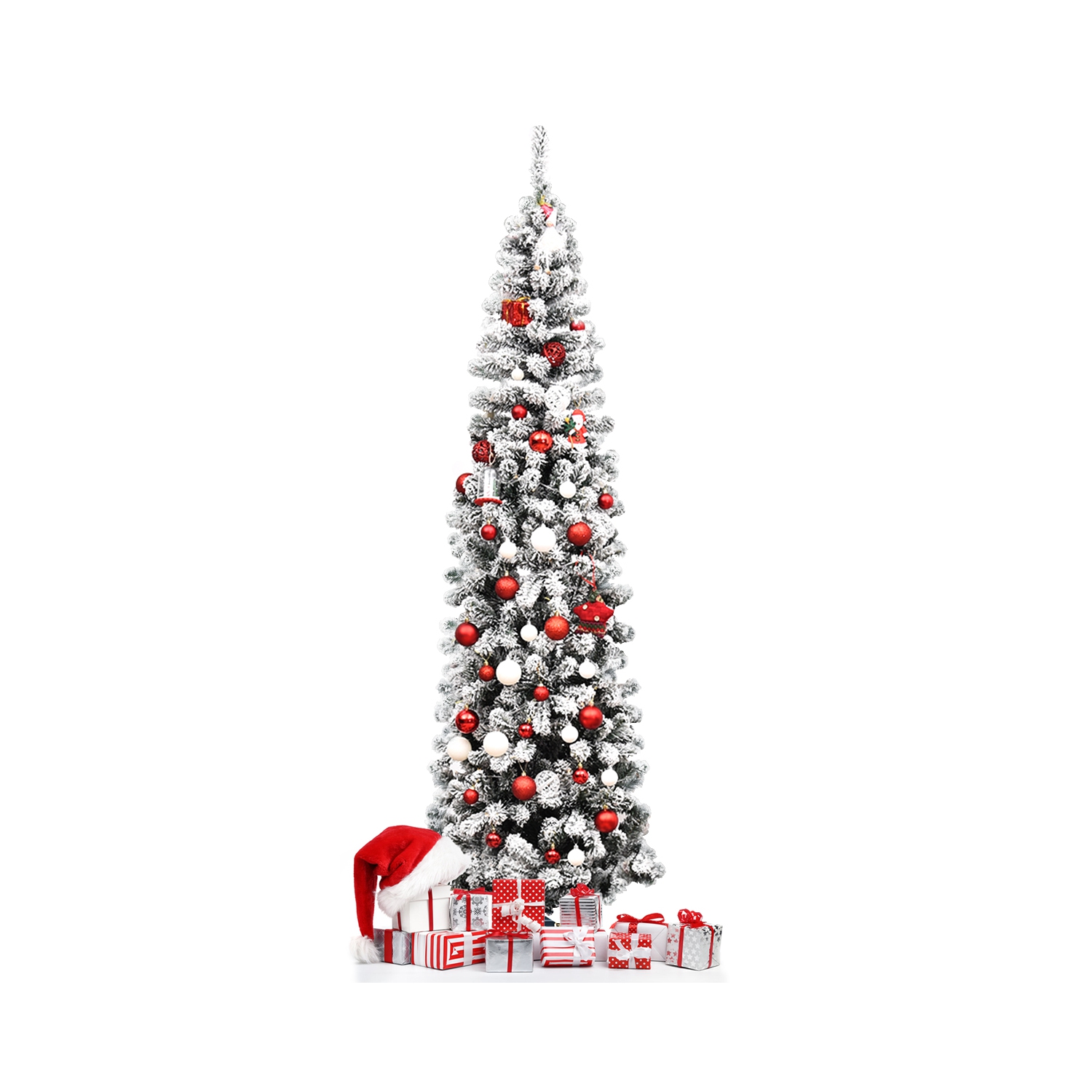 Topbuy 4.5ft /6ft/7.5ft Pencil Artificial Christmas Tree Snow Flocked Pencil Tree with Flexible Stand