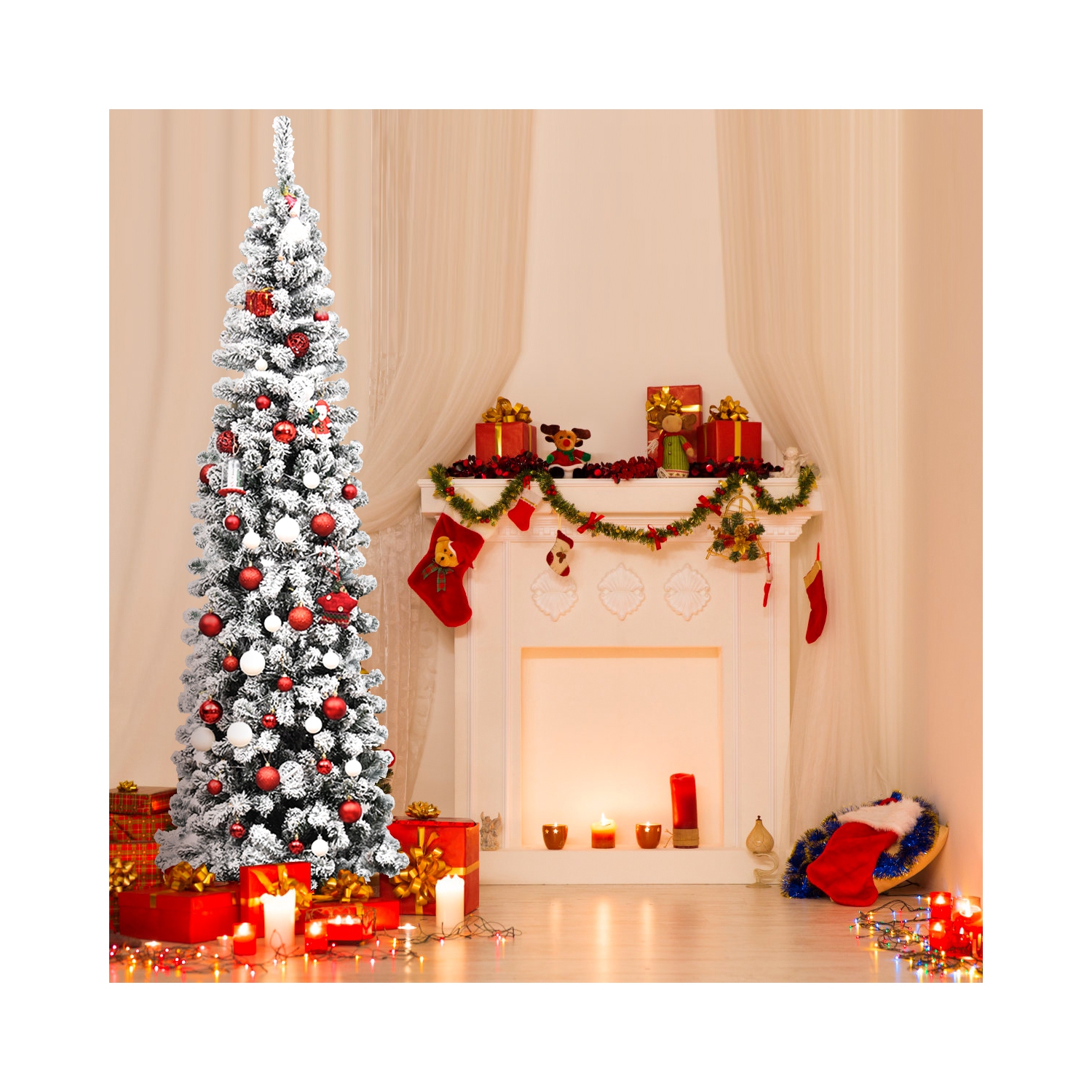 Topbuy 4.5ft /6ft/7.5ft Pencil Artificial Christmas Tree Snow Flocked Pencil Tree with Flexible Stand