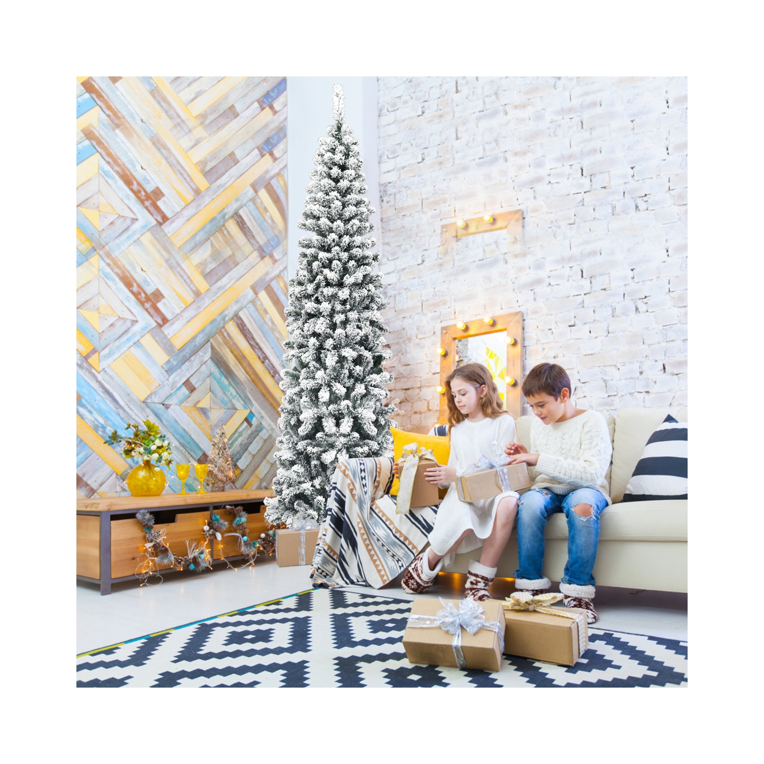 Topbuy 4.5ft /6ft/7.5ft Pencil Artificial Christmas Tree Snow Flocked Pencil Tree with Flexible Stand