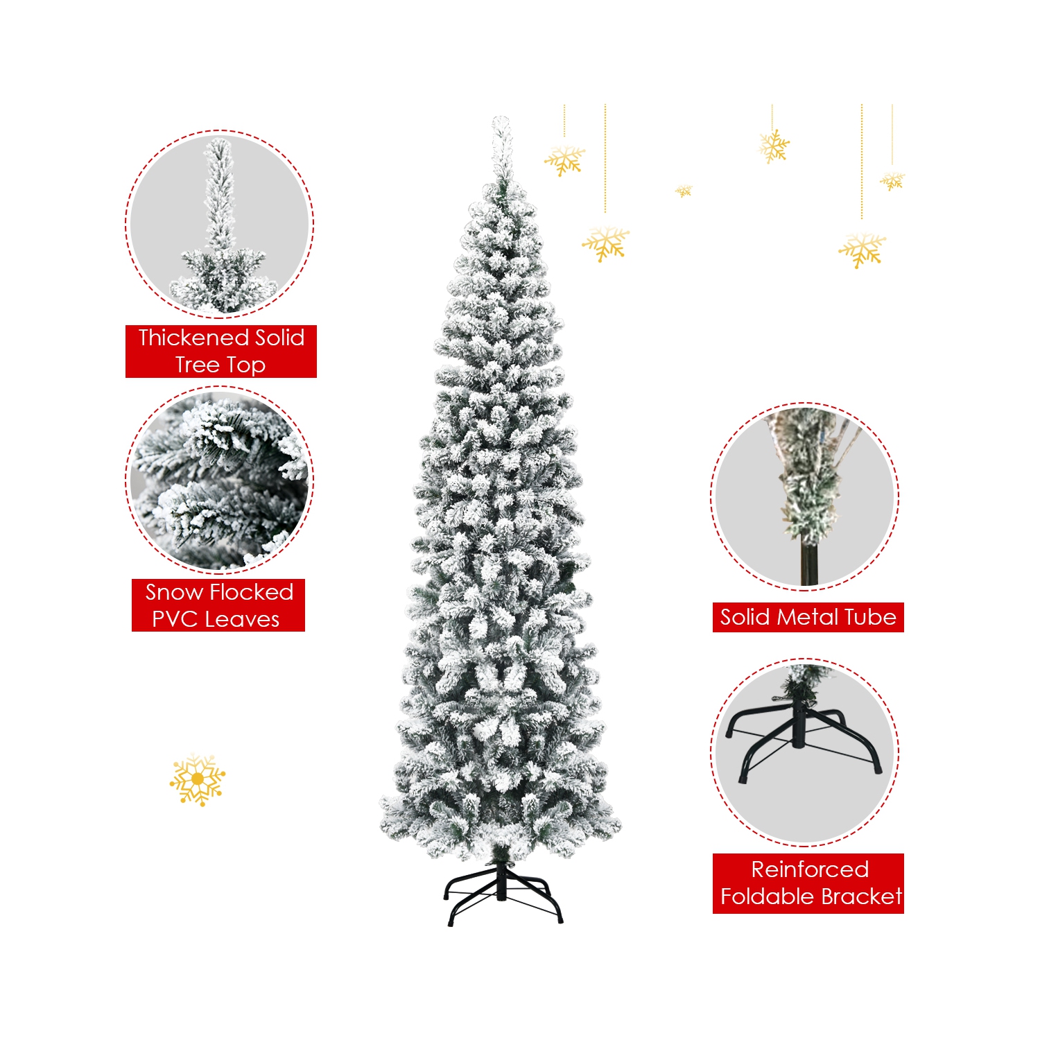 Topbuy 4.5ft /6ft/7.5ft Pencil Artificial Christmas Tree Snow Flocked Pencil Tree with Flexible Stand