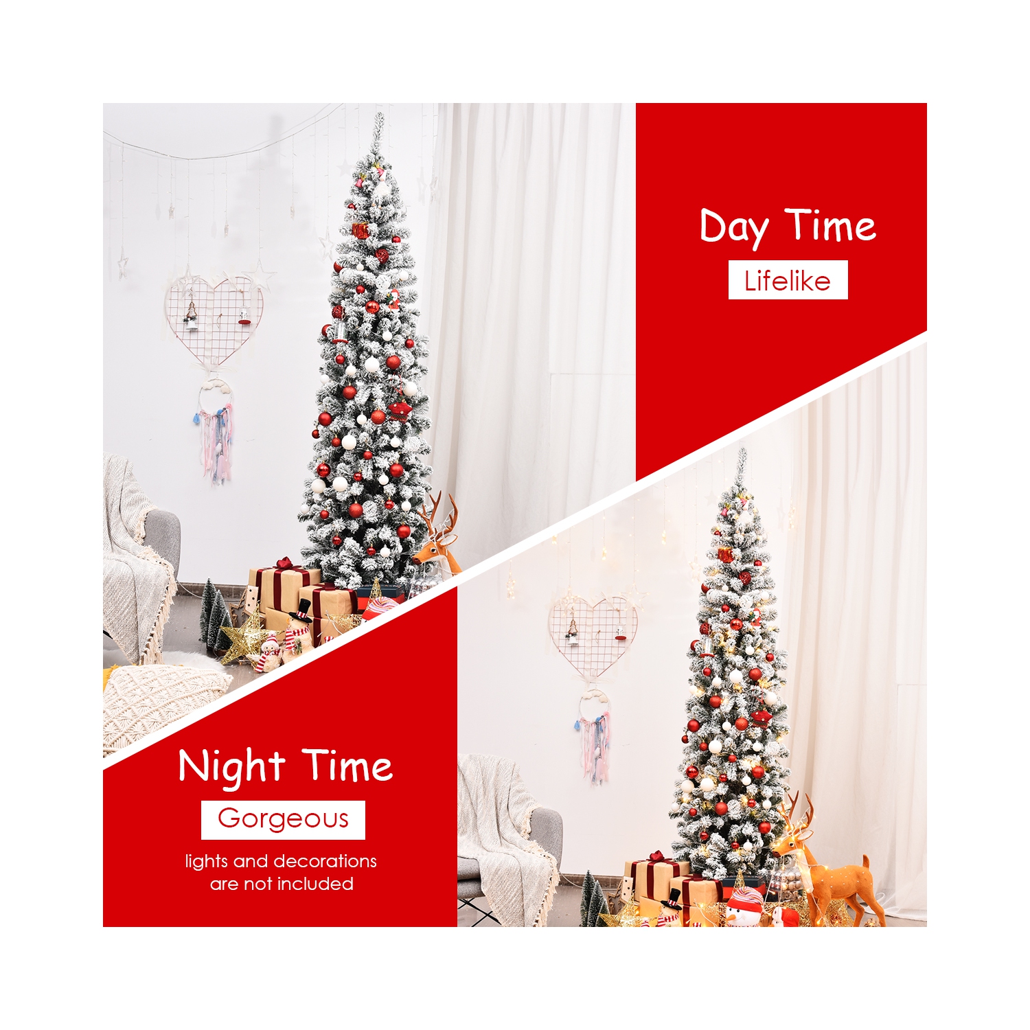 Topbuy 4.5ft /6ft/7.5ft Pencil Artificial Christmas Tree Snow Flocked Pencil Tree with Flexible Stand