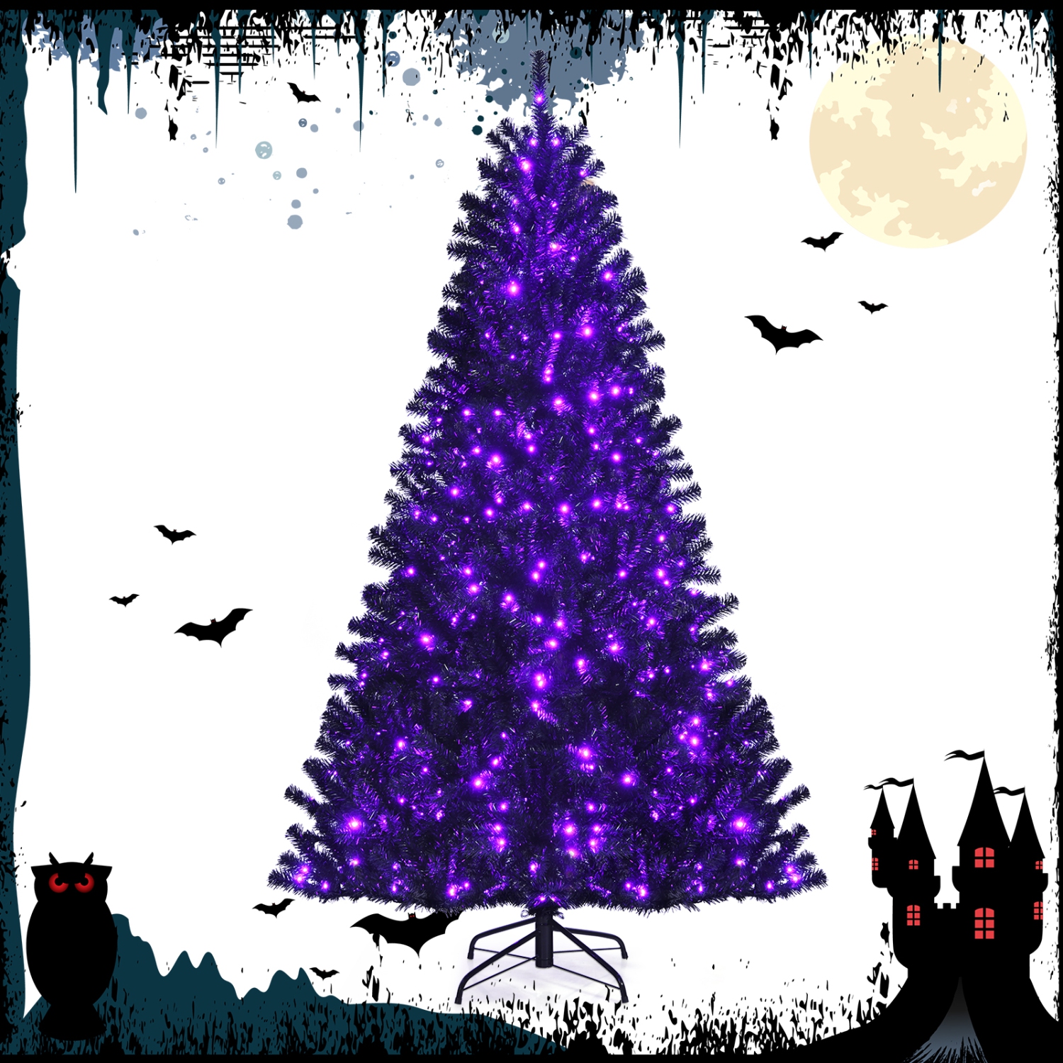 Topbuy 6 Ft Artificial Christmas Tree, Black Halloween Tree w/ 250 Purple LED Lights