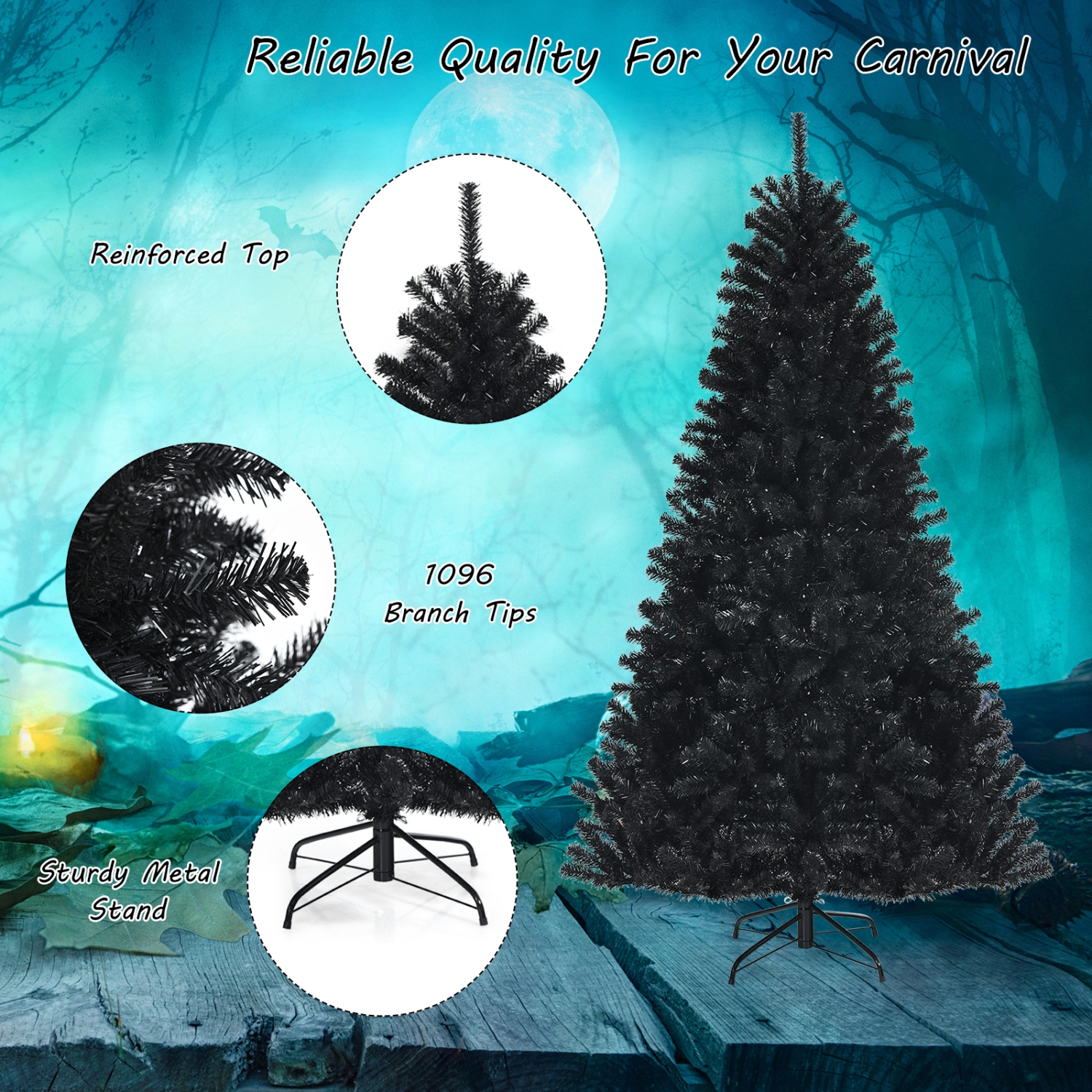 Topbuy 6 Ft Artificial Christmas Tree, Black Halloween Tree w/ 250 Purple LED Lights