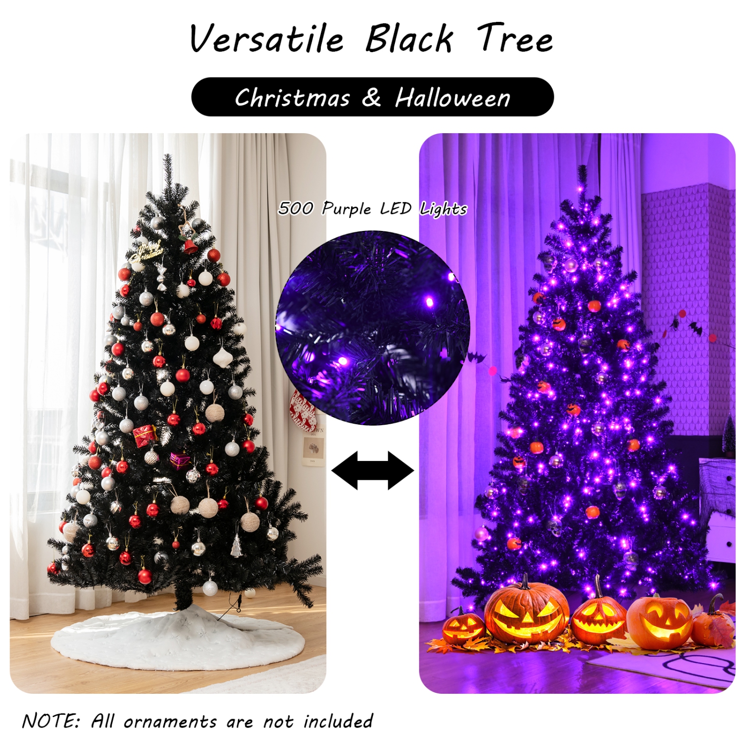 Topbuy 6 Ft Artificial Christmas Tree, Black Halloween Tree w/ 250 Purple LED Lights