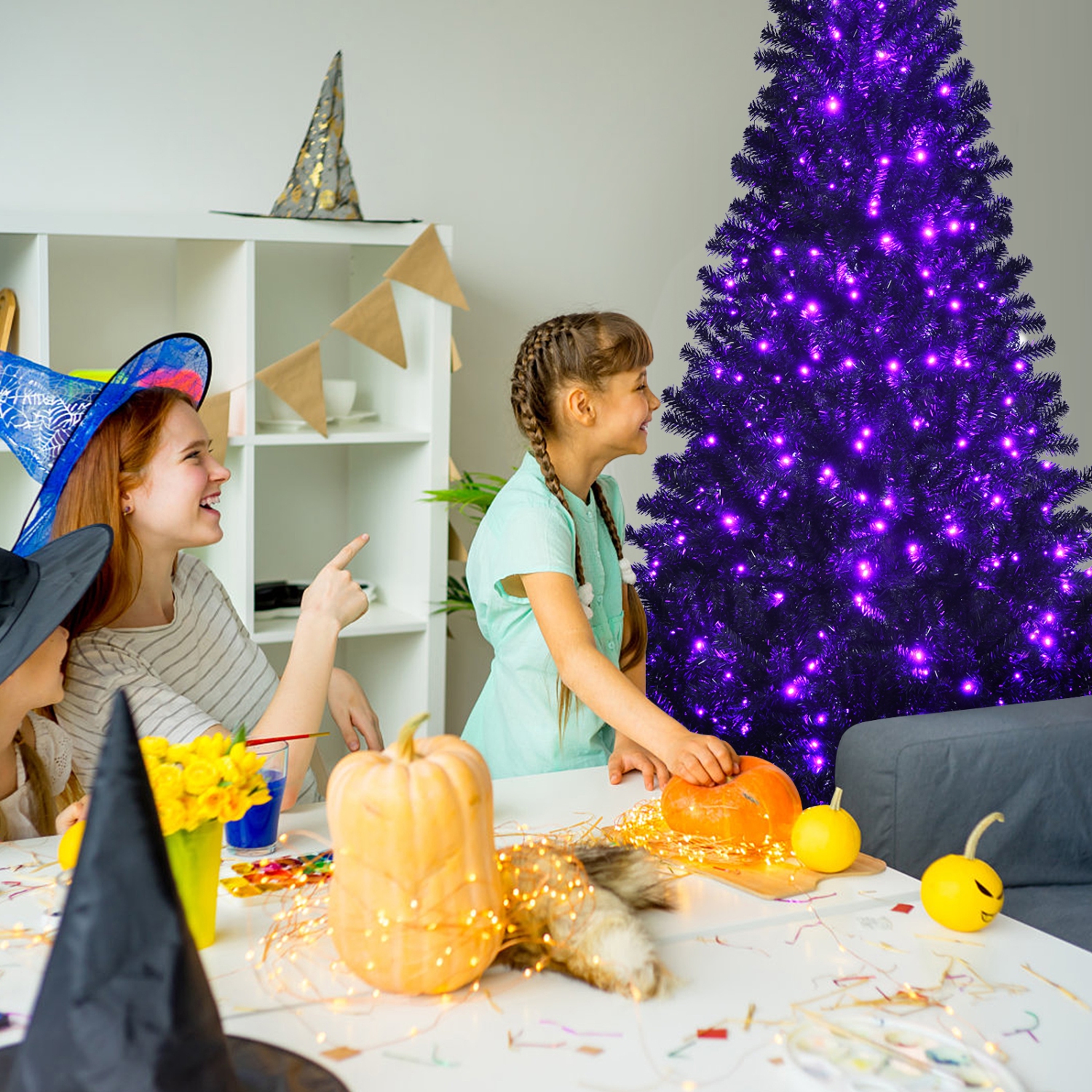 Topbuy 6 Ft Artificial Christmas Tree, Black Halloween Tree w/ 250 Purple LED Lights