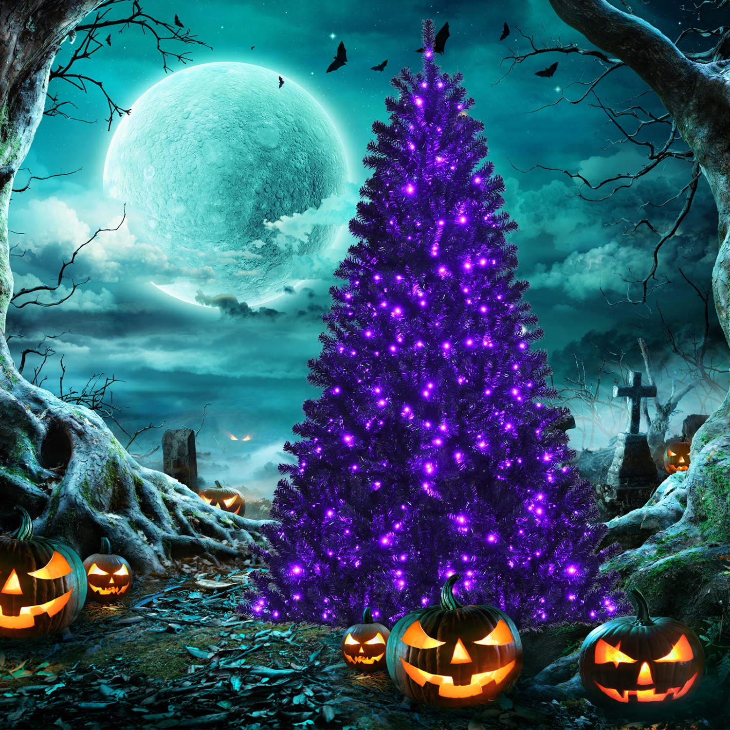 Topbuy 6 Ft Artificial Christmas Tree, Black Halloween Tree w/ 250 Purple LED Lights