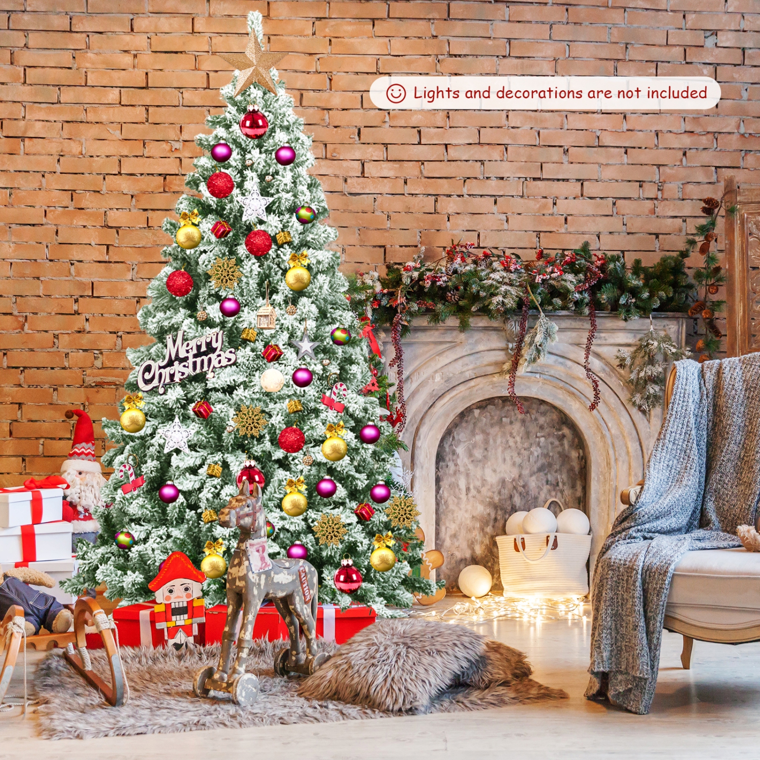 Topbuy 4.5FT/6FT/7.5FT Artificial Hinged Christmas Pines Tree Snow Flocked Decoration Tree