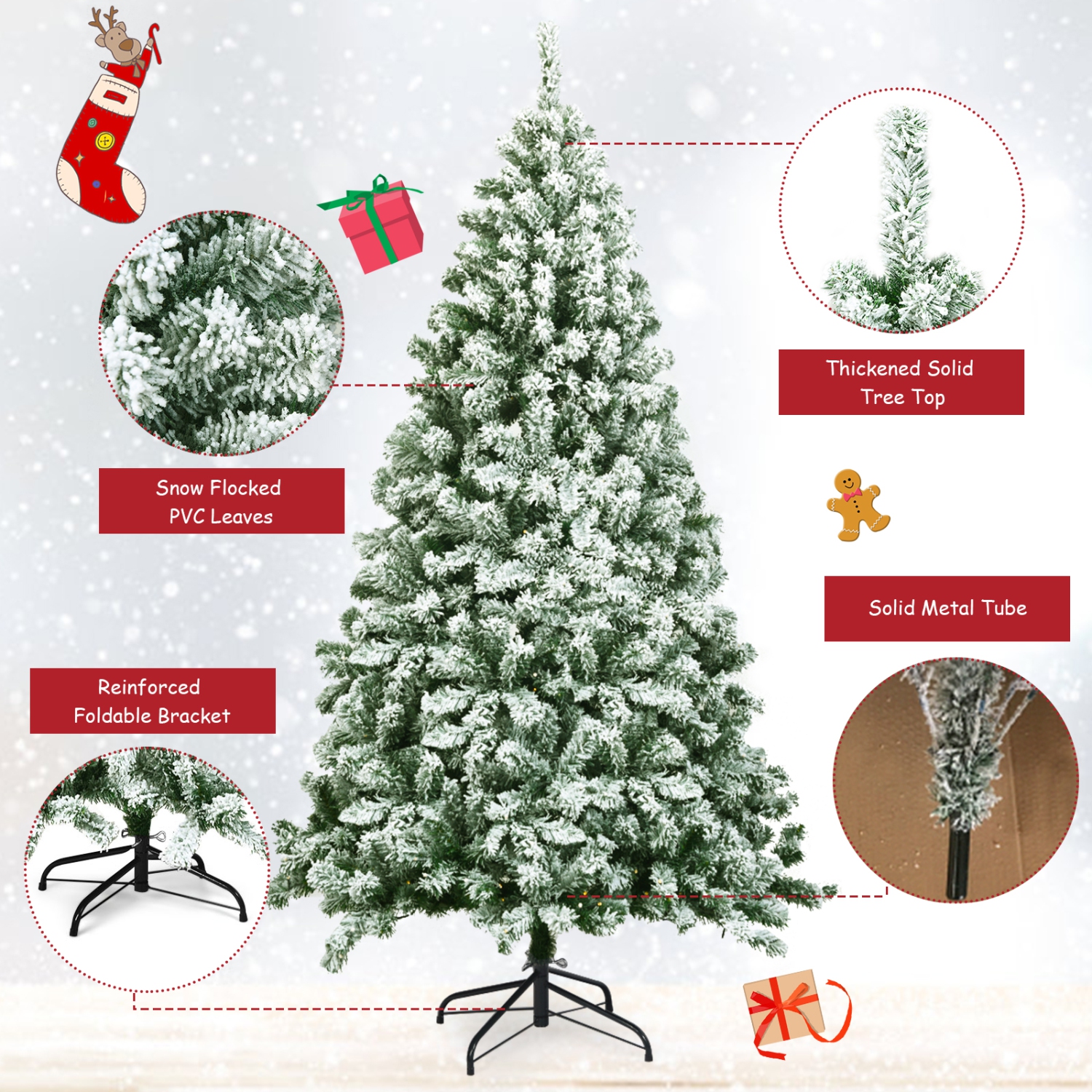Topbuy 4.5FT/6FT/7.5FT Artificial Hinged Christmas Pines Tree Snow Flocked Decoration Tree