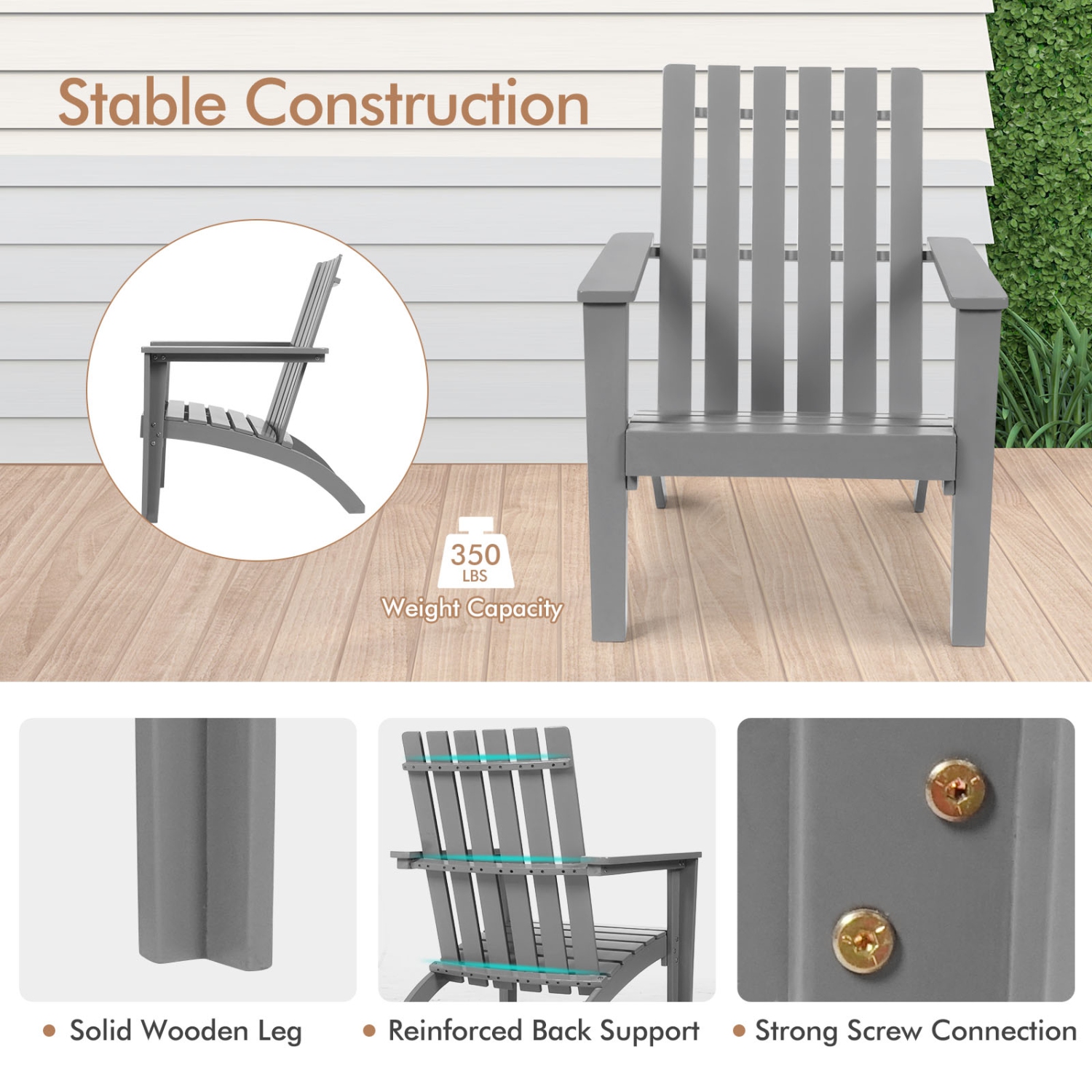 Patiojoy Wooden Adirondack Chair W/Ergonomic Design Outdoor Lounge Armchair Acacia Wood chair for Yard&Patio Black/Gray/White