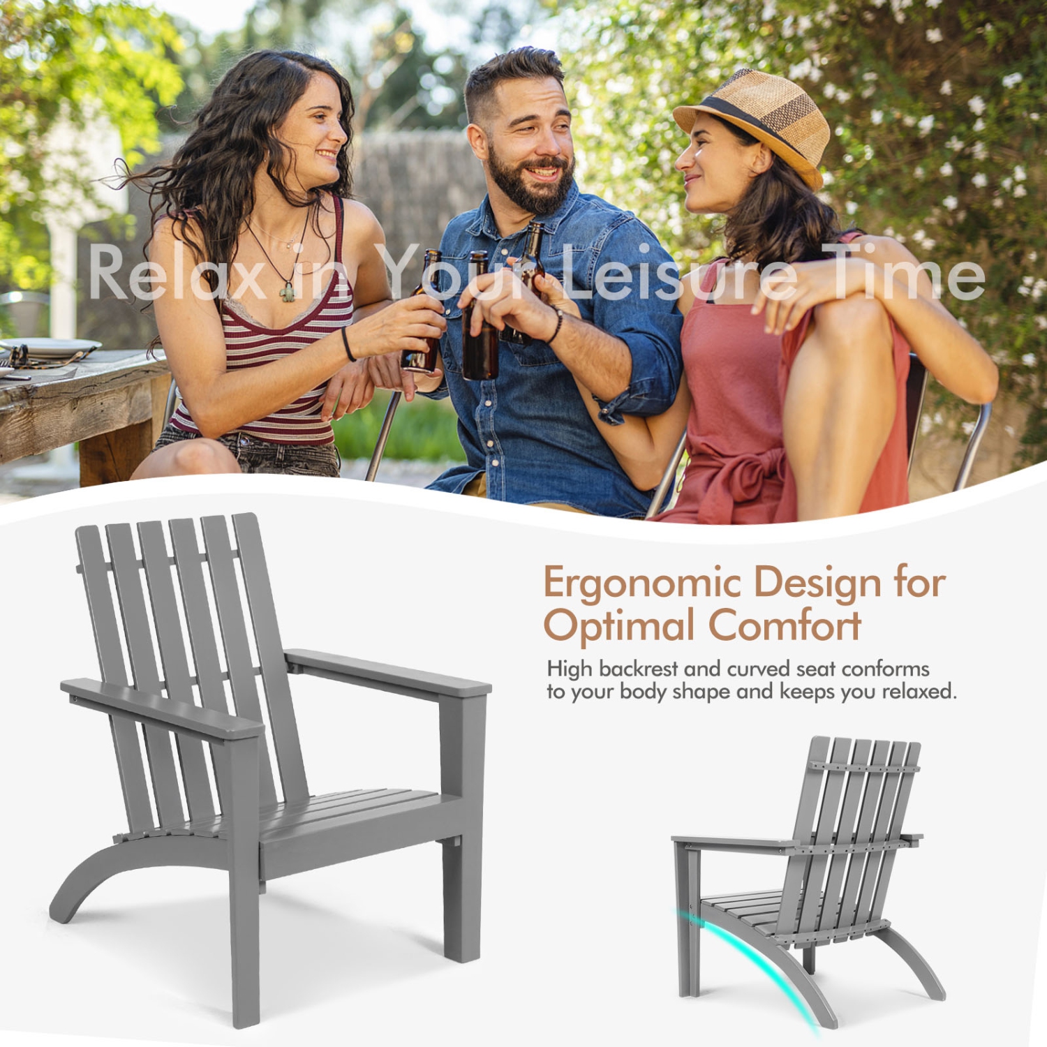 Patiojoy Wooden Adirondack Chair W/Ergonomic Design Outdoor Lounge Armchair Acacia Wood chair for Yard&Patio Black/Gray/White