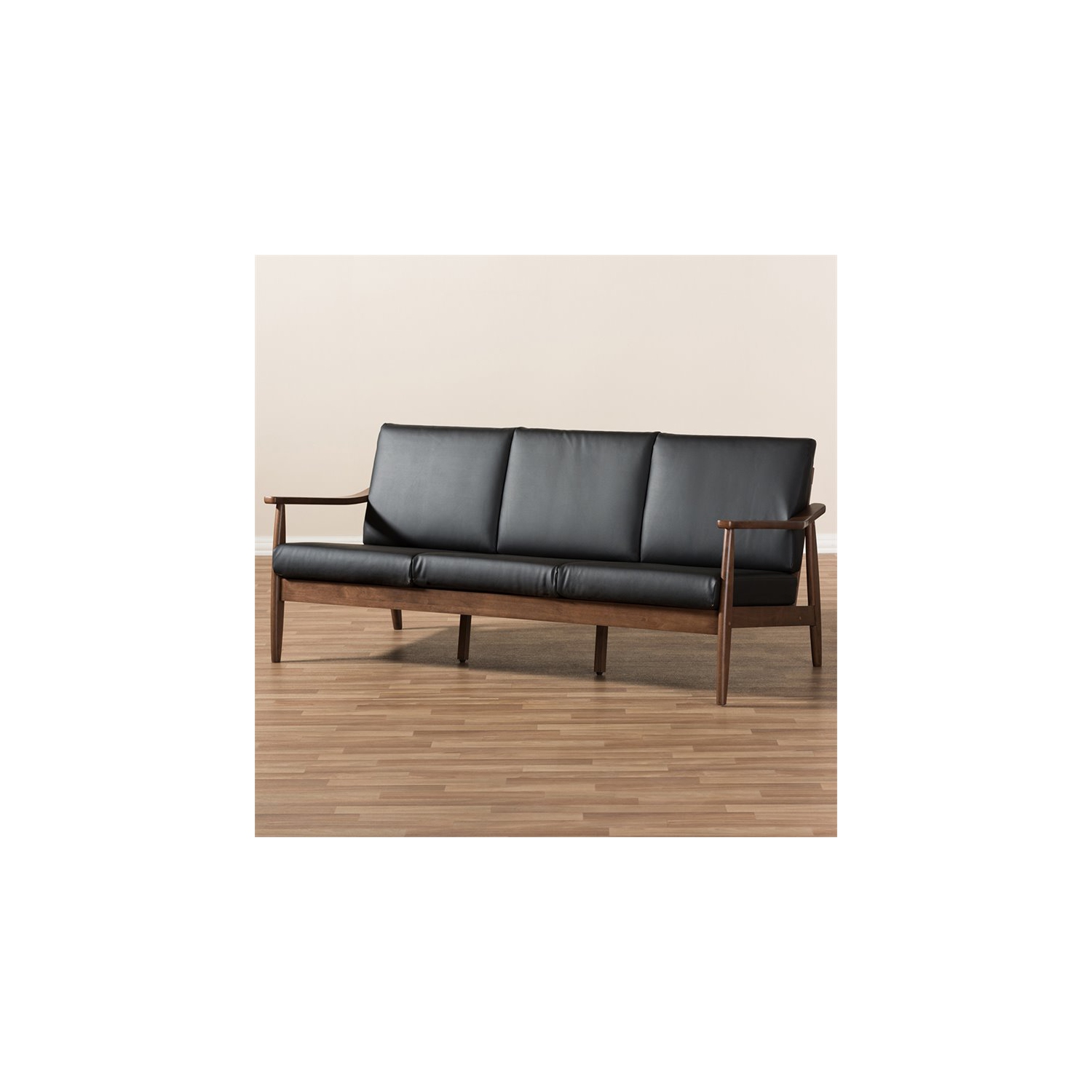 Baxton Studio Venza Faux Leather Sofa in Black and Walnut Brown
