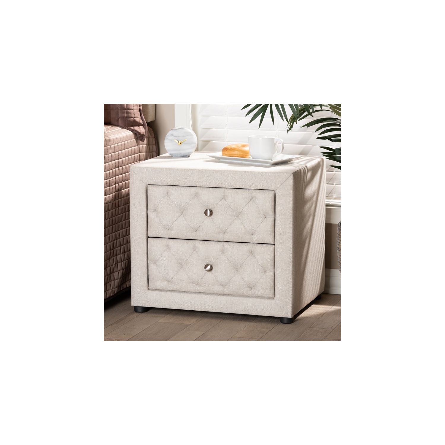 Baxton Studio Lepine 2-Drawer Tufted Fabric and Wood Nightstand in Light Beige