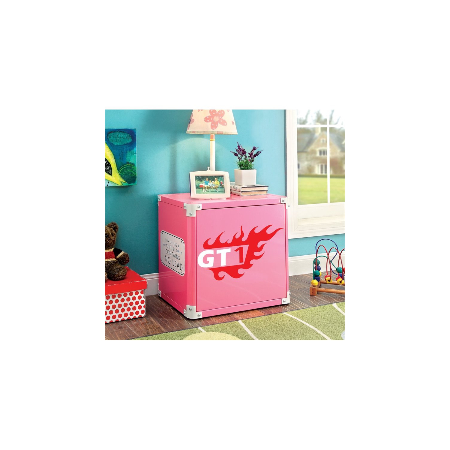 Table de chevet pour enfants avec voiture de course en métal rose de Rosebery