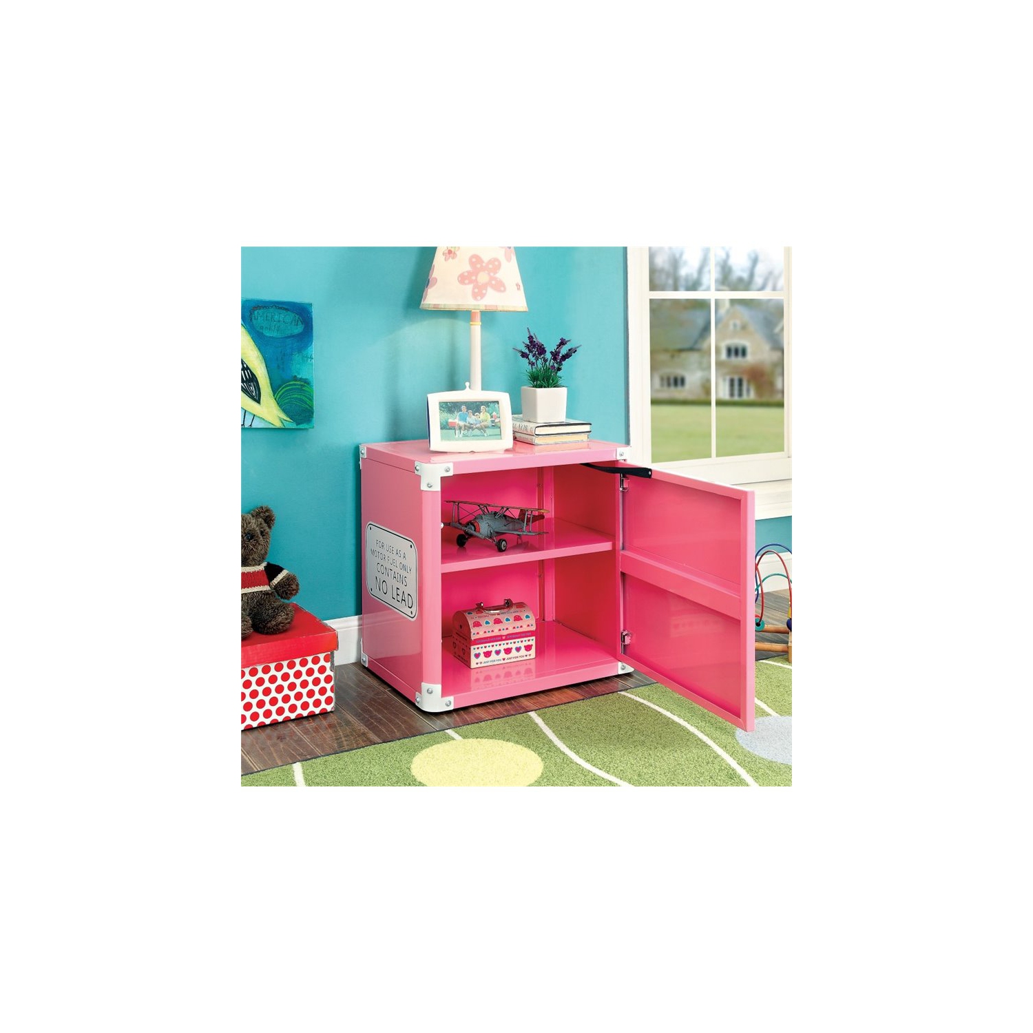 Table de chevet pour enfants avec voiture de course en métal rose de Rosebery