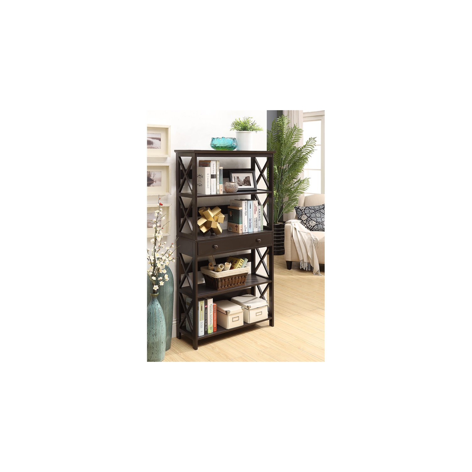 Bibliothèque à cinq niveaux Oxford de pratique concepts avec tiroir en bois expresso