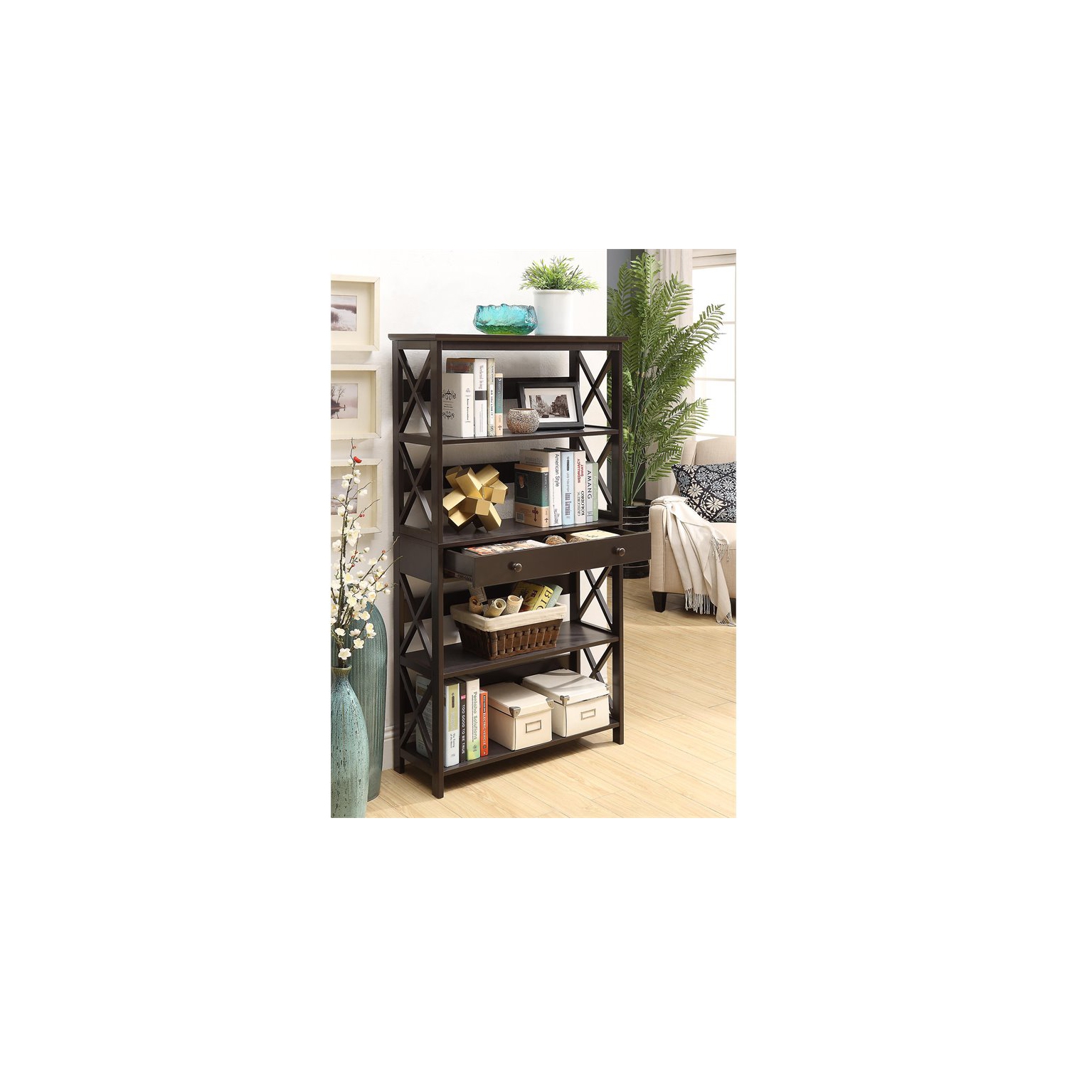 Bibliothèque à cinq niveaux Oxford de pratique concepts avec tiroir en bois expresso