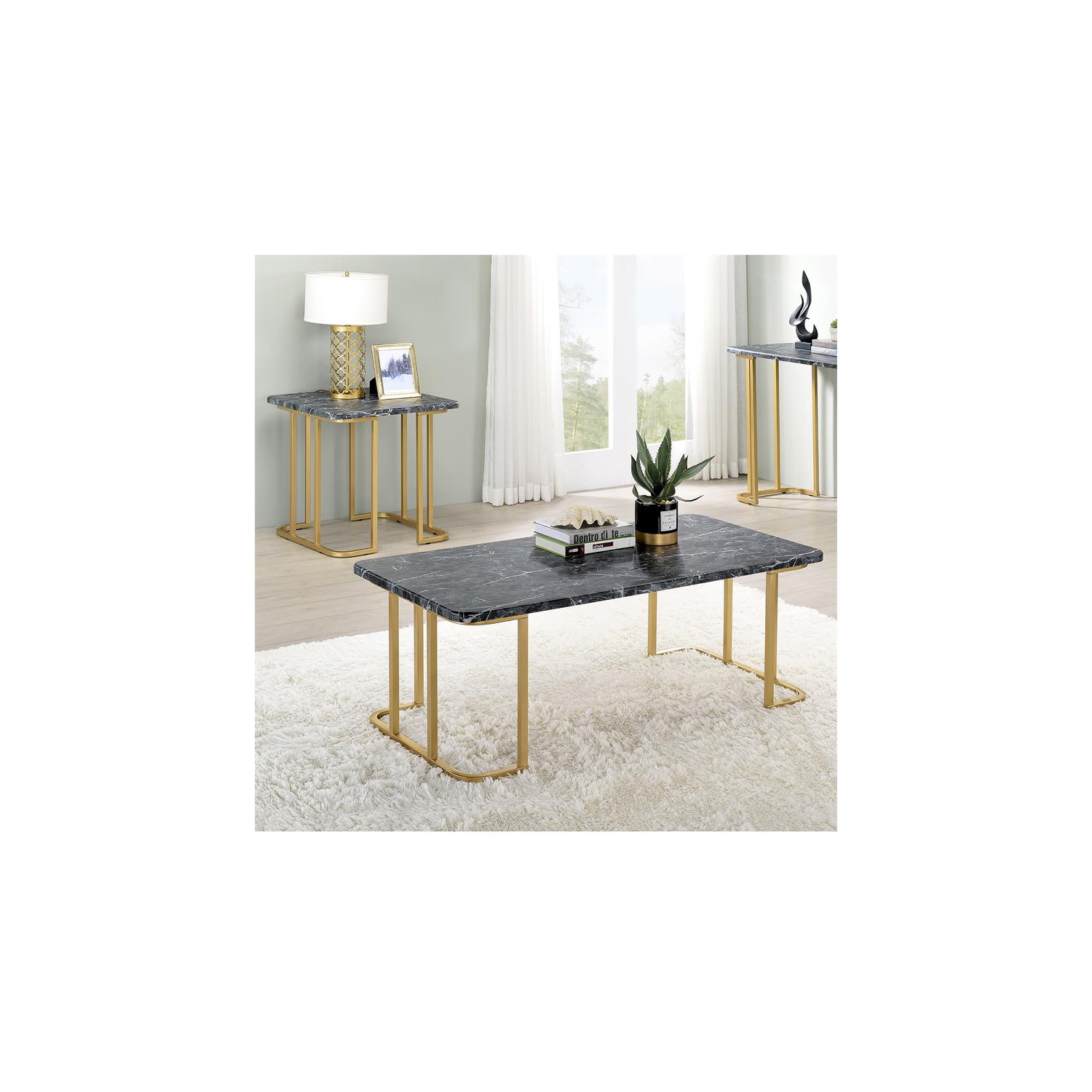 Furniture of America Clotten Metal 2-Piece Coffee Table Set in Gold and Black