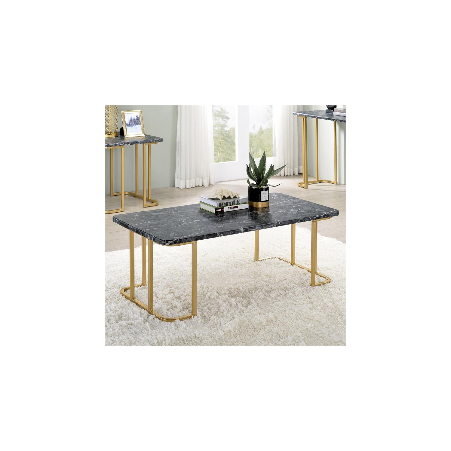 Furniture of America Clotten Metal 2-Piece Coffee Table Set in Gold and Black