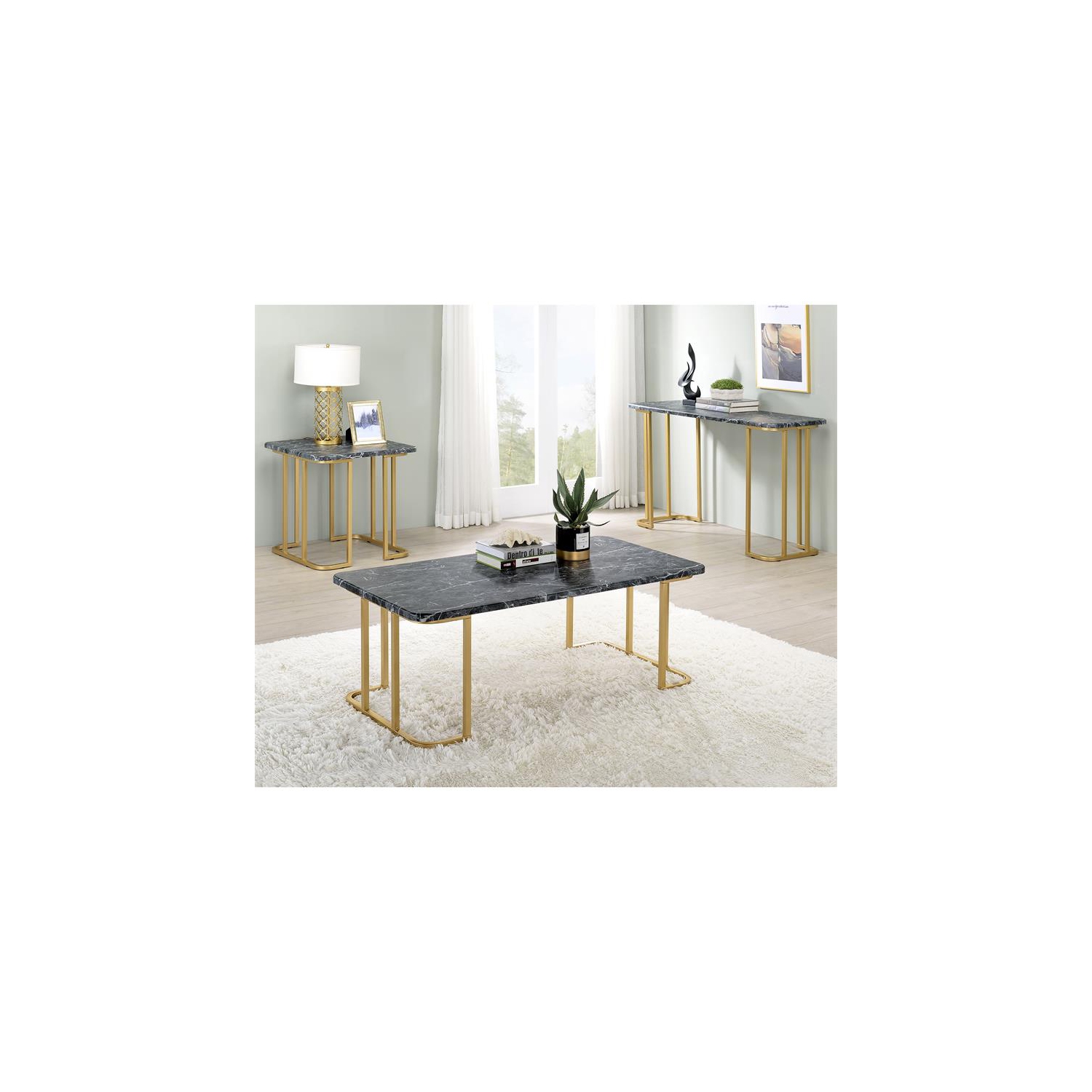 Furniture of America Clotten Metal 2-Piece Coffee Table Set in Gold and Black