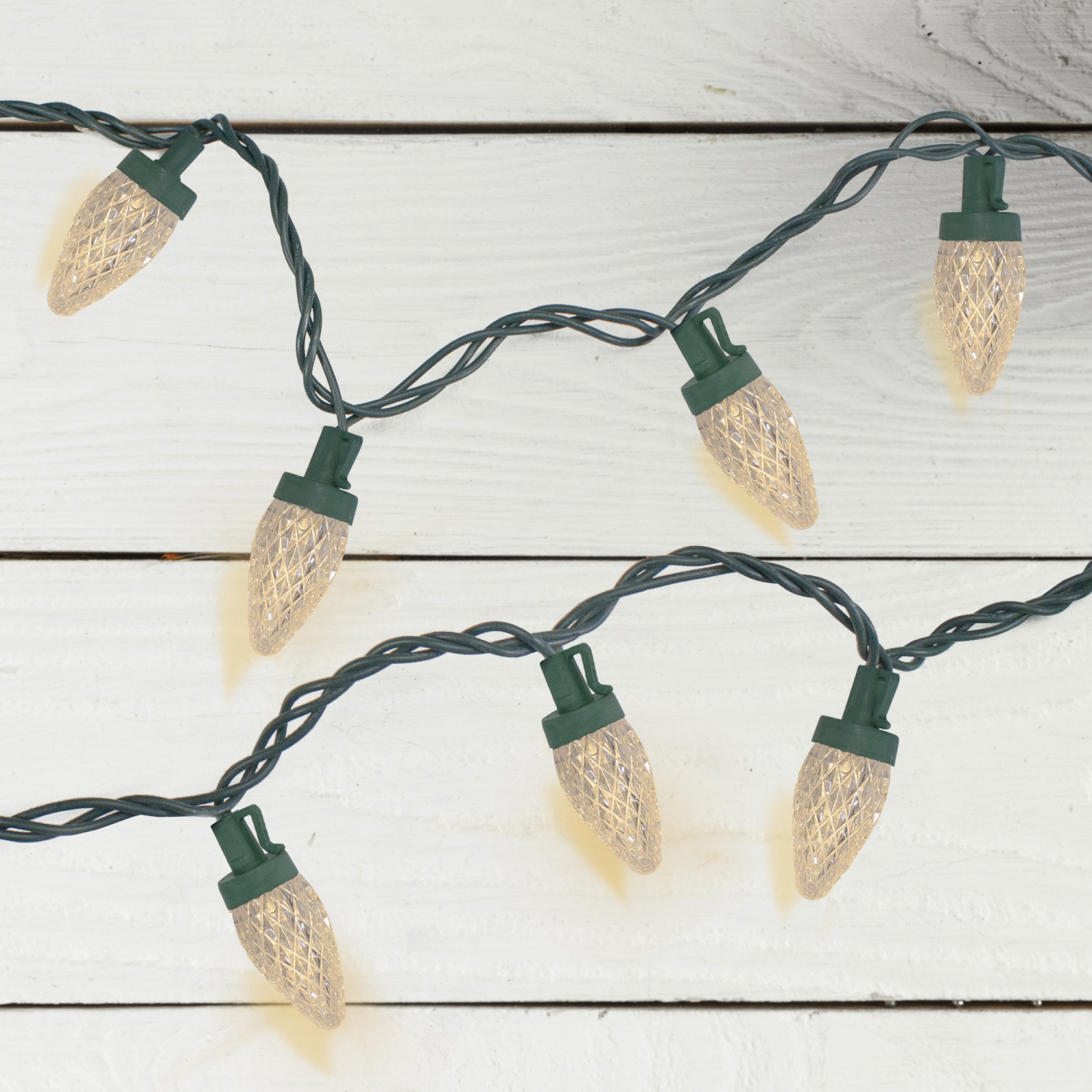 50 Count Warm White LED C7 Faceted Christmas Lights, 20.25 ft Green Wire