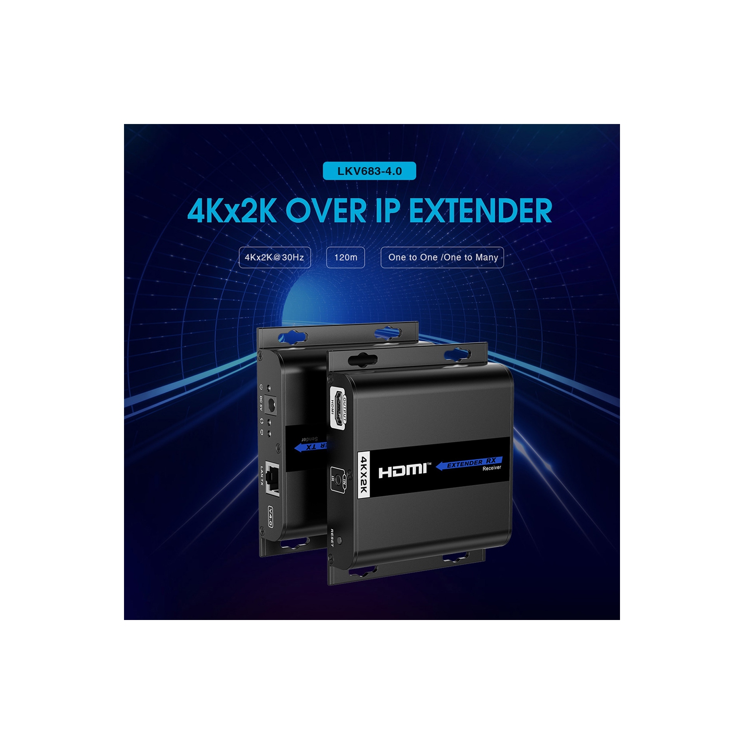 Prolongateur LKV683 v4.0 4KX2K HDbitT HDMI sur IP CAT5/5E/6 avec émetteur jusqu’à 120 m + trousse de récepteur (prend en charge un à un/un à