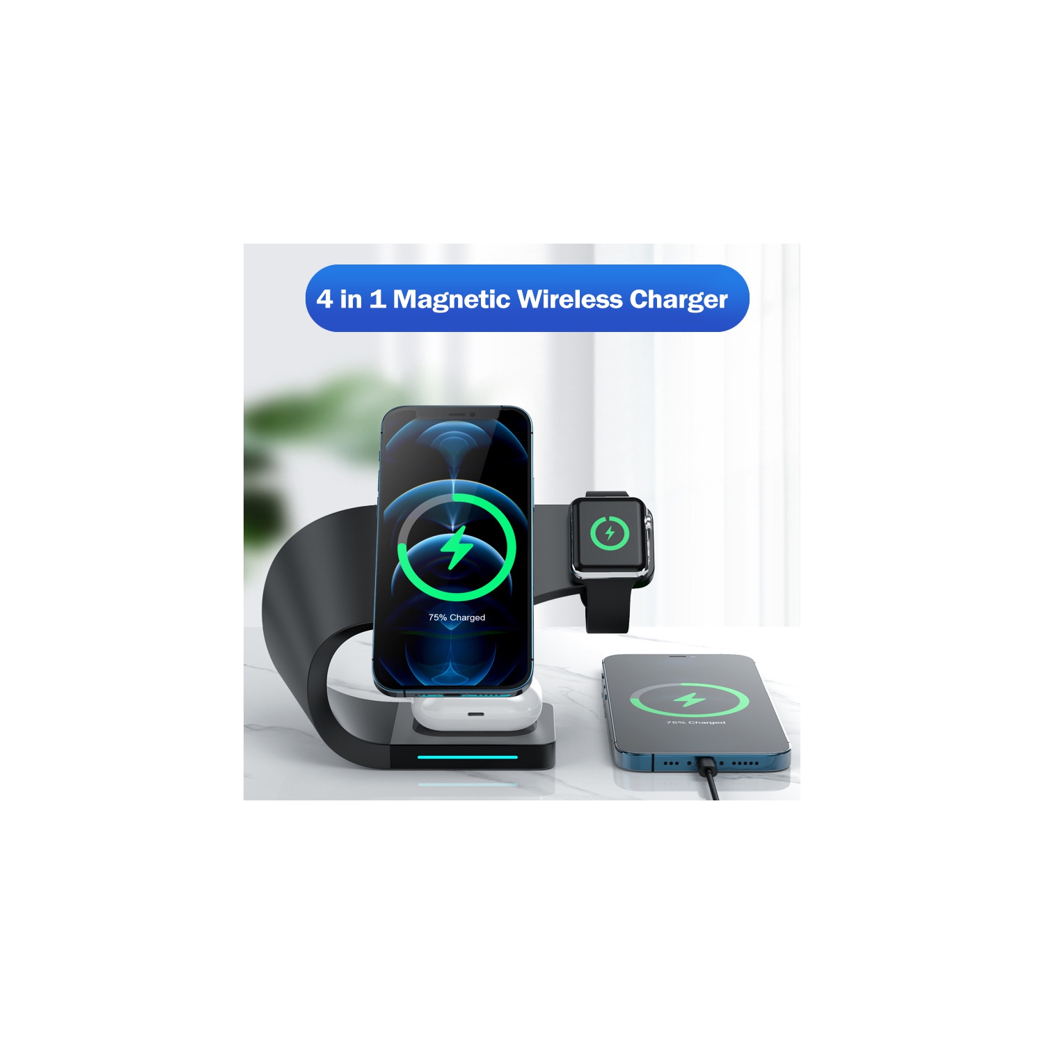 Navor 4-in-1 15W Fast Charging Dock Station | Magnetic Wireless Charger for iPhone 17/16/15/14/13/12/11/X/8, Apple Watch SE/1-11, AirPods 1/2/3/Pro &