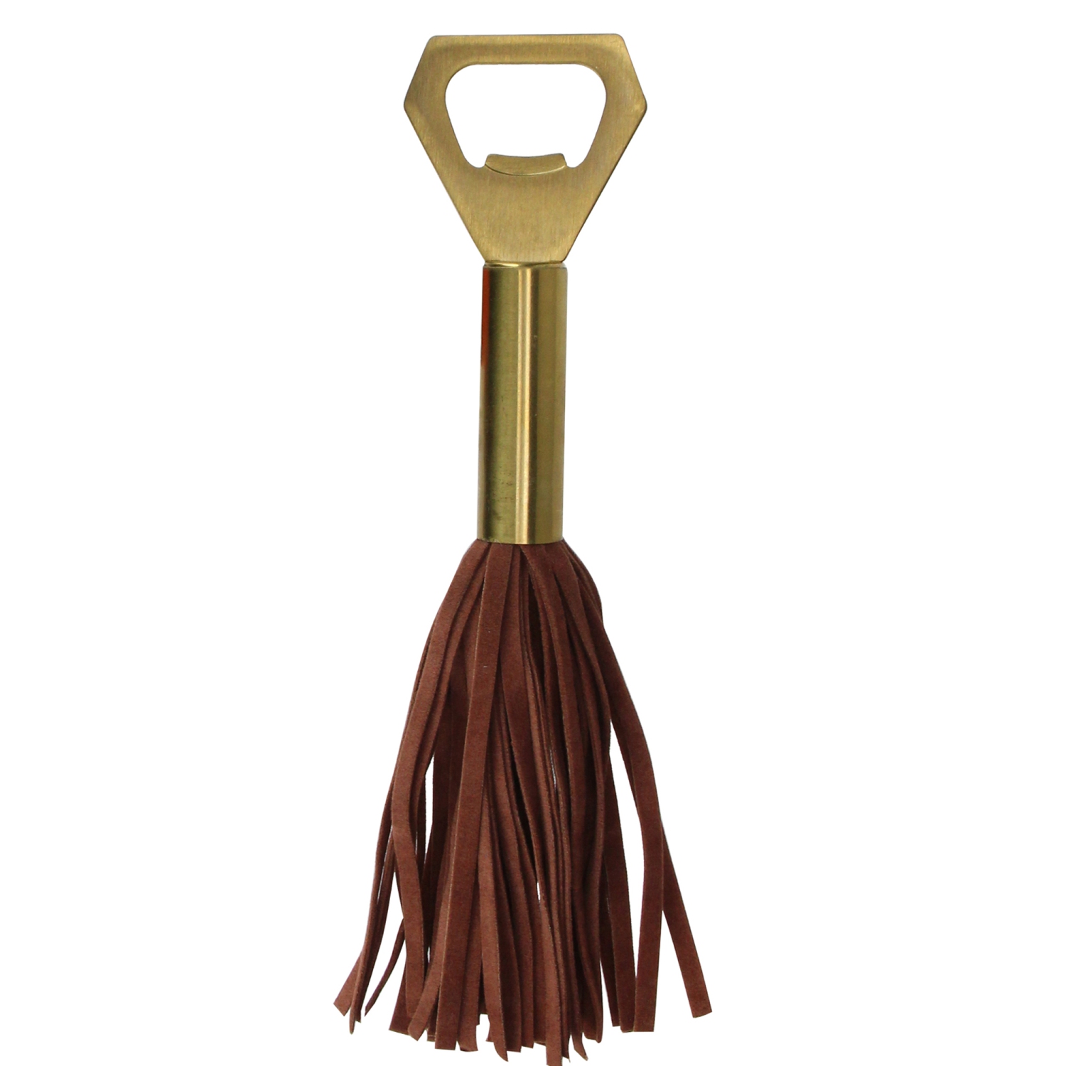 7.5" Gold and Brown Vegan Leather Tasseled Metal Bottle Opener