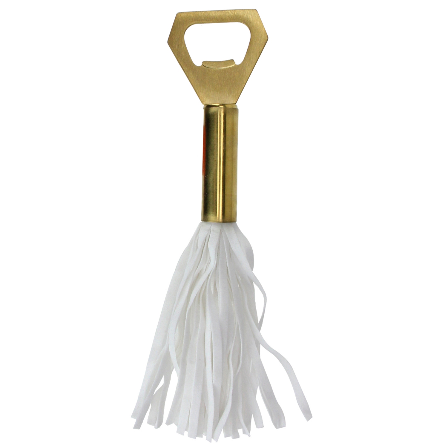 Ouvre-bouteille en métal doré et blanc végétalien avec pampille en cuir de 7.5 po