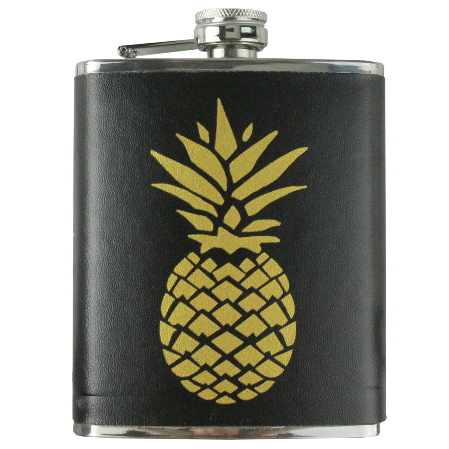 3-Piece Black and Metallic Gold Tropical Pineapple Flask and Shot Glass Set