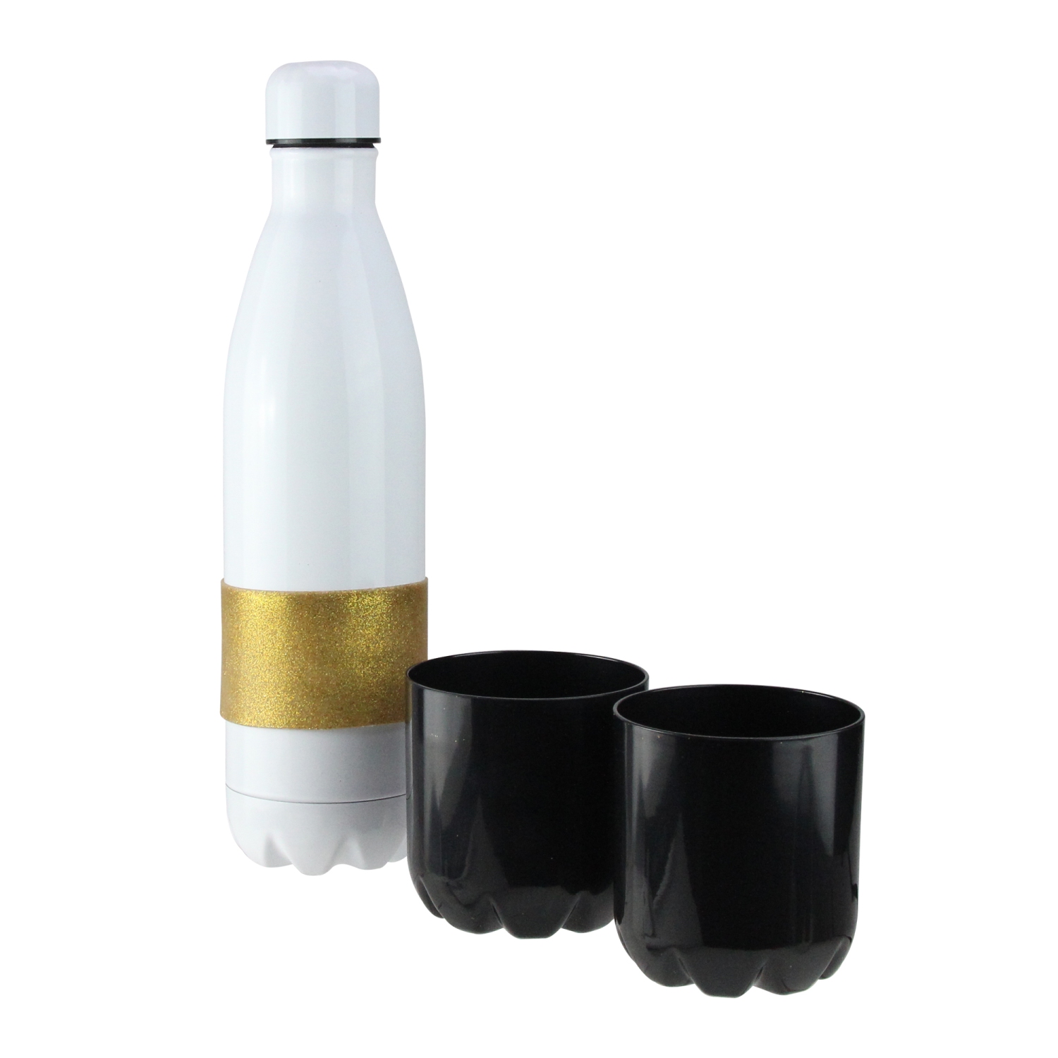 12.5" White and Gold Glittered Insulted Portable Wine Carrier with Black Cups
