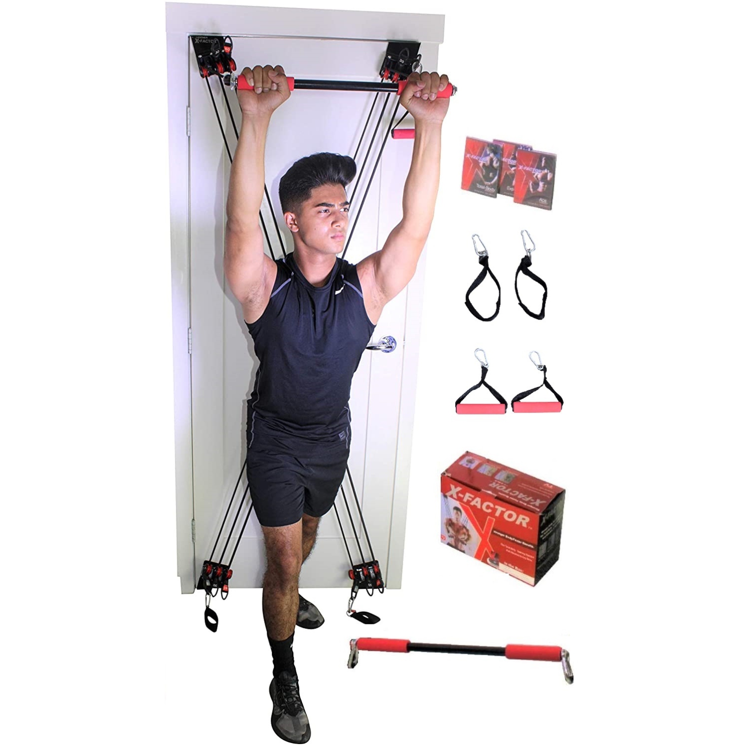 X Factor Door Gym Home Gym Complete Full Body Workout Total Exercise System | Multi Gym Doorway Fitness Strength Training + Straight Bar, 2 Padded
