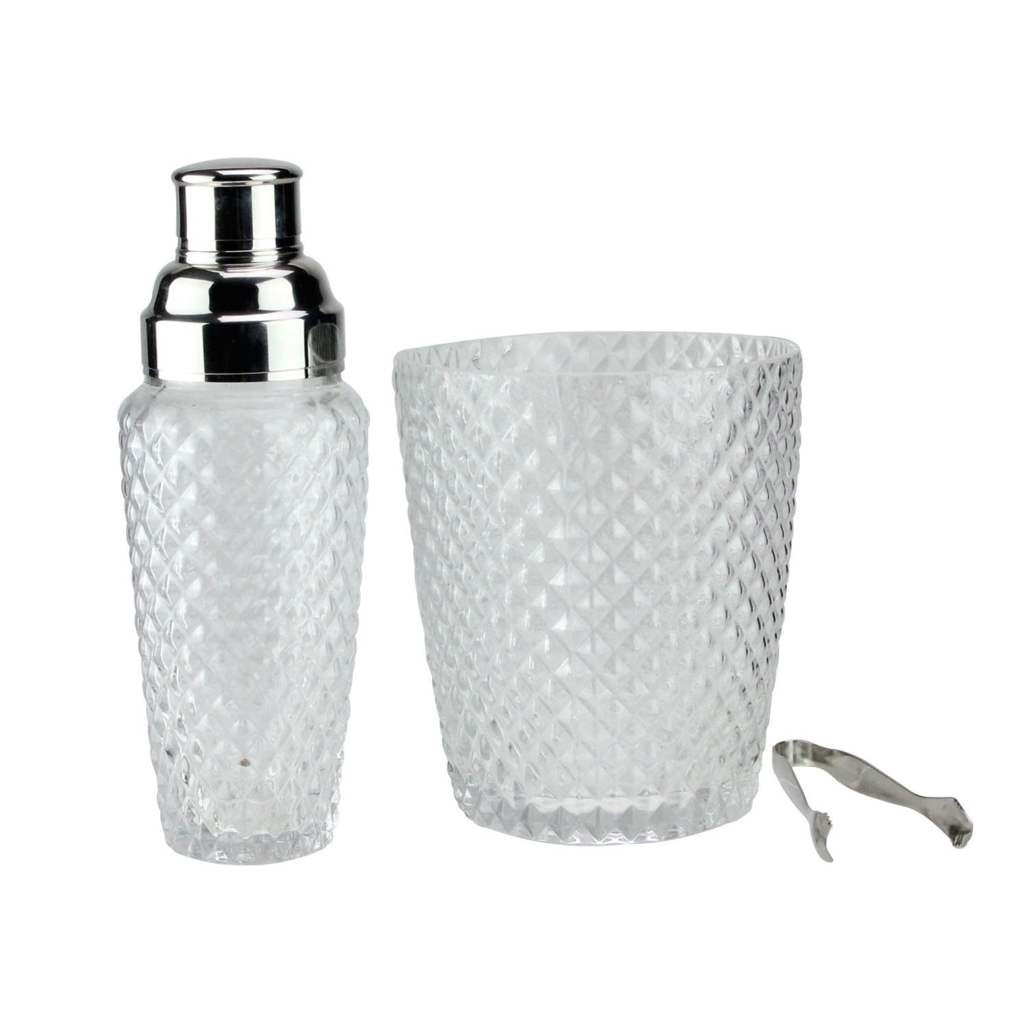 Set of 3 Diamond Cut Handcrafted Clear Cocktail Shaker with Bucket and Tong 9.5"