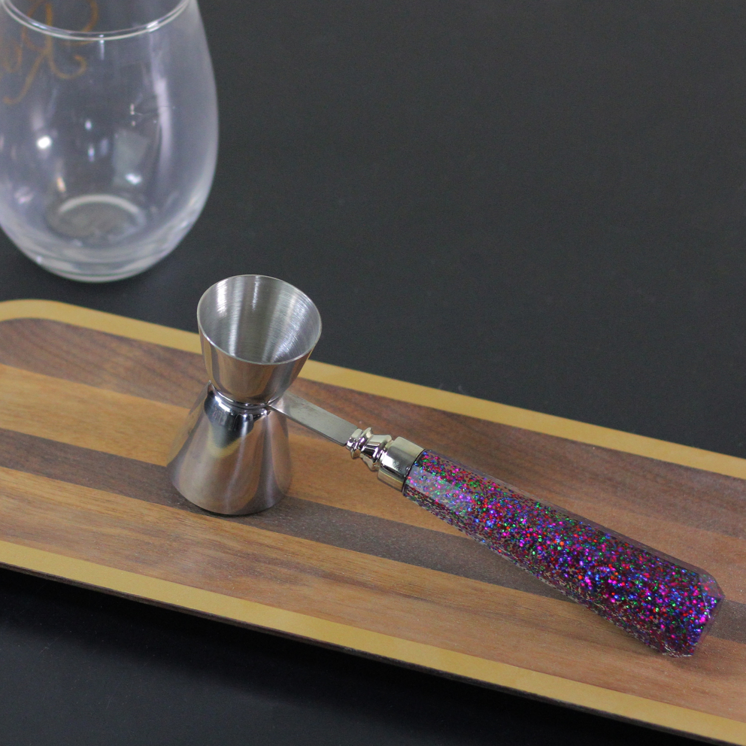 Jigger de bar en acier inoxydable argenté et scintillant multicolore de 8 po à taille diamant