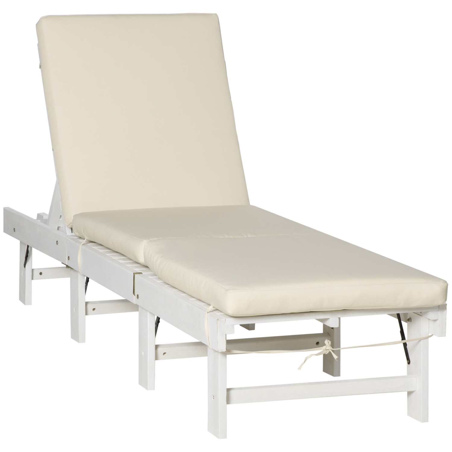 Outsunny Wooden Folding Chaise Lounge, Outdoor Chaise Lounge Chair, Garden Reclining Tanning Chair with 4 Adjustable Back Soft Cushions, White