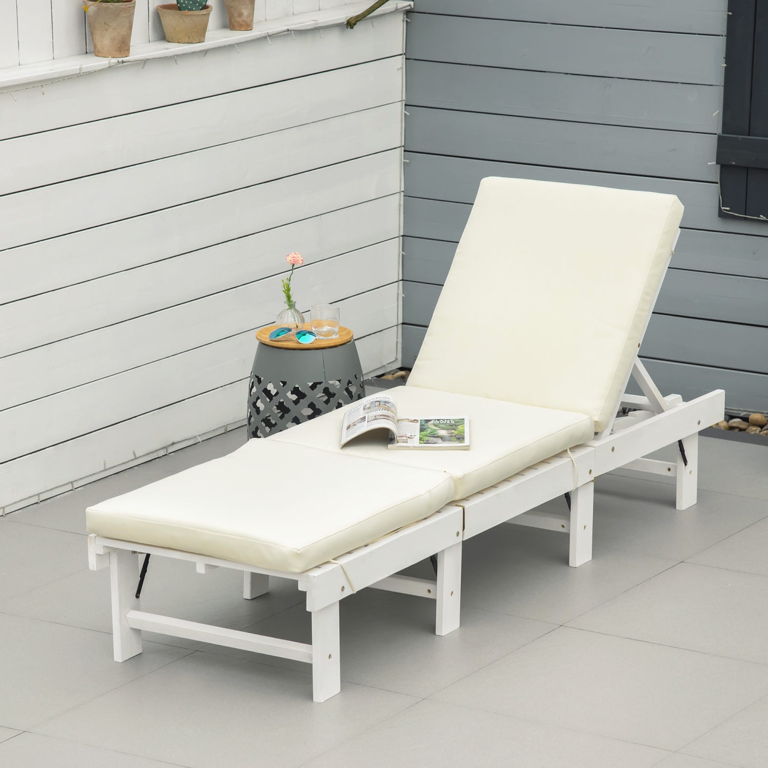 Outsunny Wooden Folding Chaise Lounge, Outdoor Chaise Lounge Chair, Garden Reclining Tanning Chair with 4 Adjustable Back Soft Cushions, White
