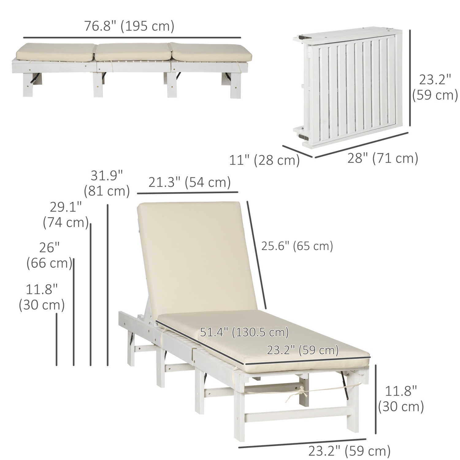 Outsunny Wooden Folding Chaise Lounge, Outdoor Chaise Lounge Chair, Garden Reclining Tanning Chair with 4 Adjustable Back Soft Cushions, White