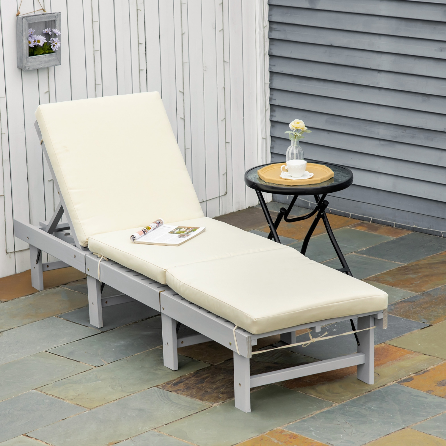 Chaise longue pliante en bois Outsunny, chaise longue d’extérieur, chaise longue inclinable de jardin avec 4 coussins doux à dossier ajustable, gris