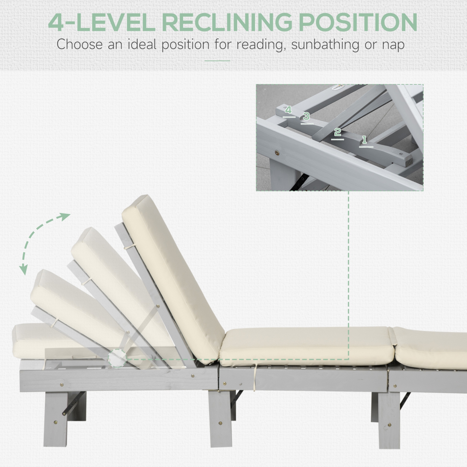Chaise longue pliante en bois Outsunny, chaise longue d’extérieur, chaise longue inclinable de jardin avec 4 coussins doux à dossier ajustable, gris
