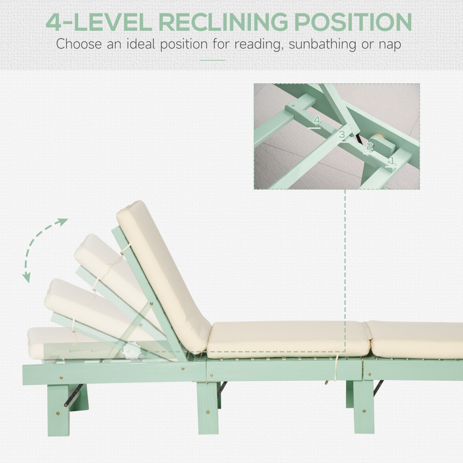Chaise longue pliante en bois Outsunny, chaise longue d’extérieur, chaise longue inclinable de jardin avec 4 coussins doux à dossier ajustable, vert