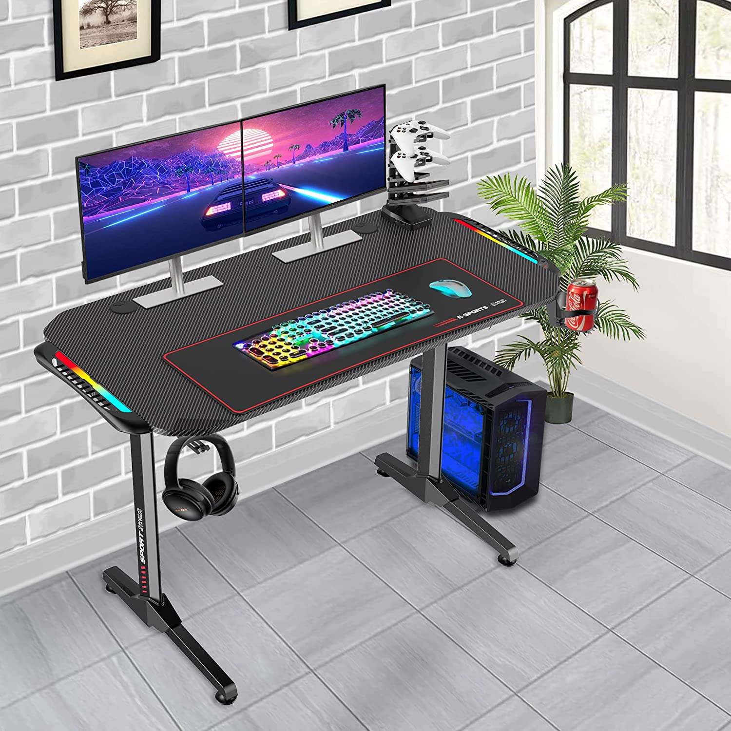 Nupair Gaming Desk T Shaped 47 Inch, PC Gamer Desk for Gaming and Working, Home Office Computer Table with LED Lighting, Mouse Pad, Headphone and Controller Holder, Metal Frame with Wood Top