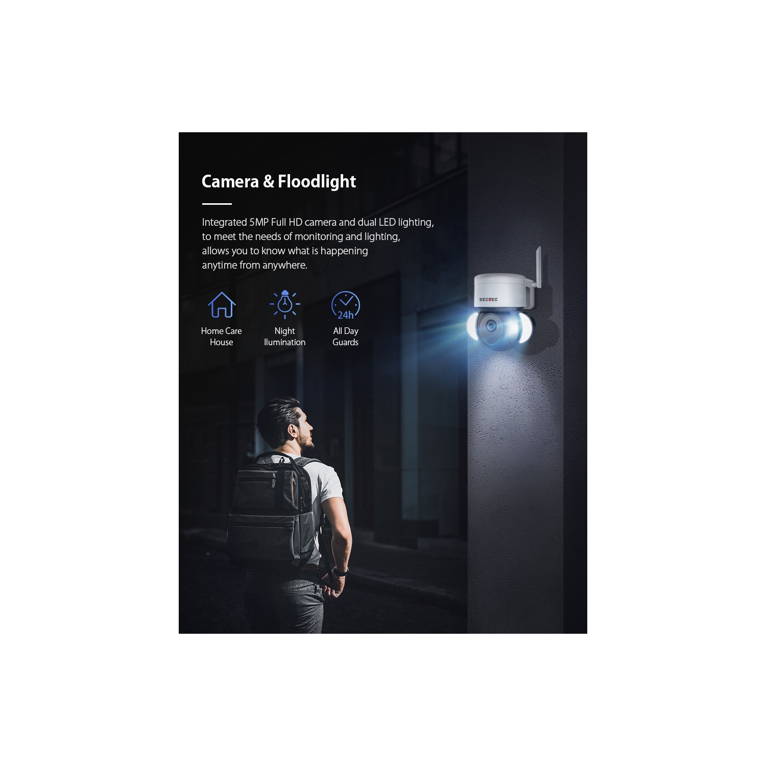 Caméra sans fil à projecteur d'illumination GUSH 5&nbsp;Mpx, Wi-Fi, caméra de surveillance, lumière intelligente, couleur, vision nocturne, IP66 m,