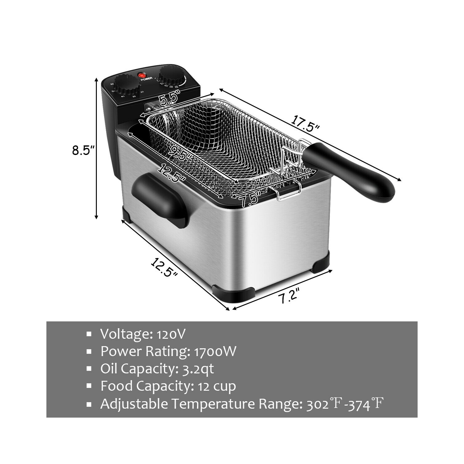 Friteuse électrique de 3.2 pte en acier inoxydable avec minuterie