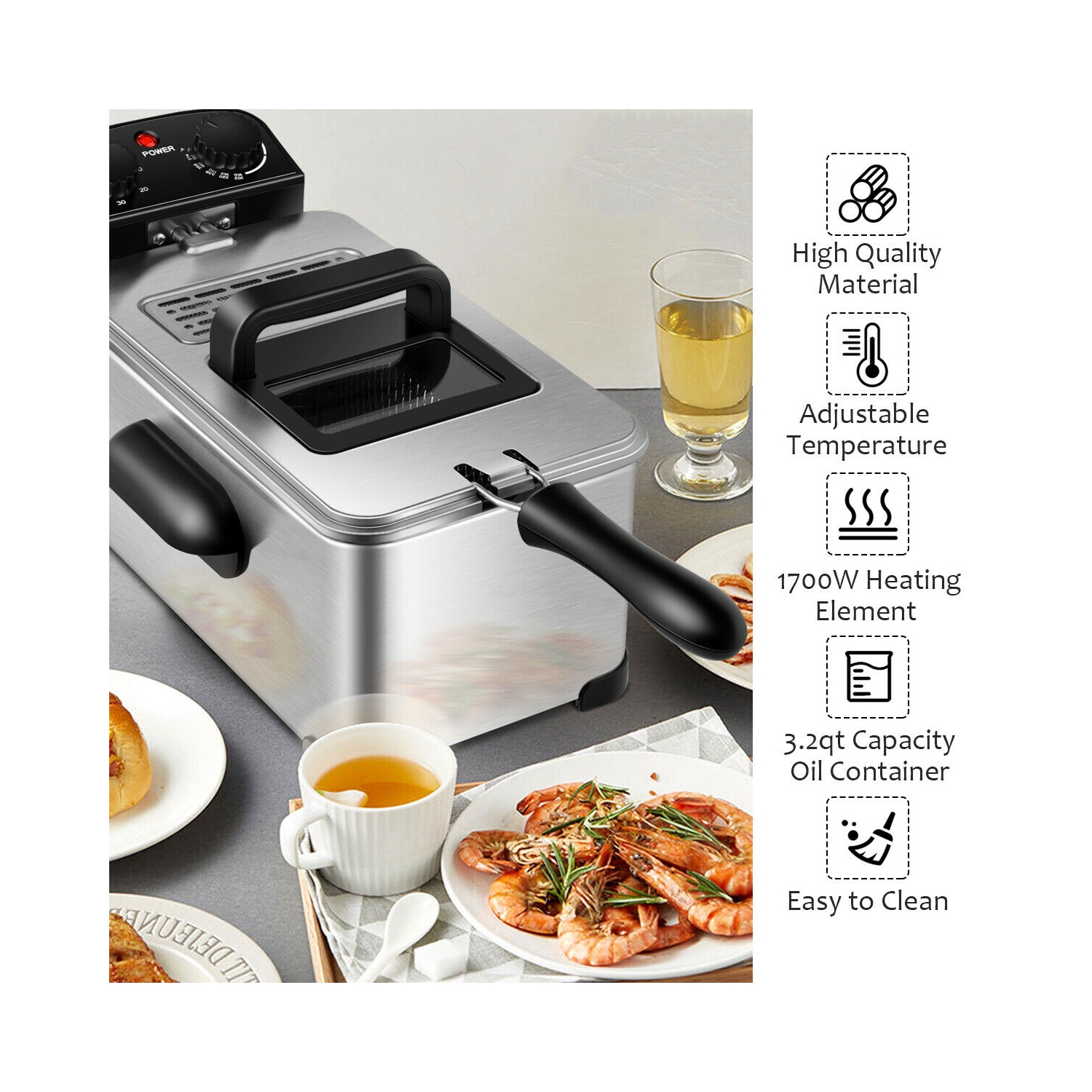 Friteuse électrique de 3.2 pte en acier inoxydable avec minuterie