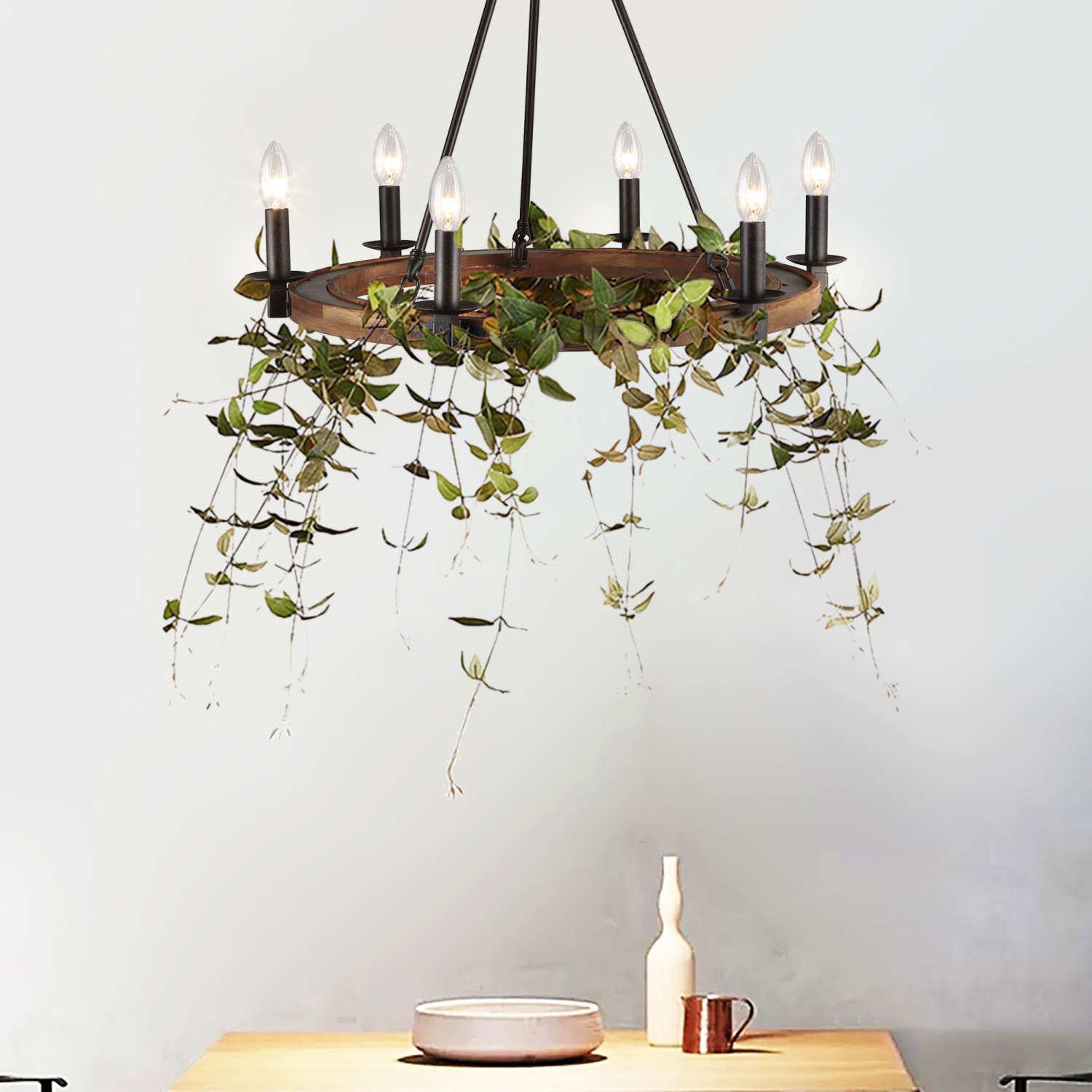 Lustre champêtre rustique à 6 lumières en forme de roue de chariot avec garnitures en bois