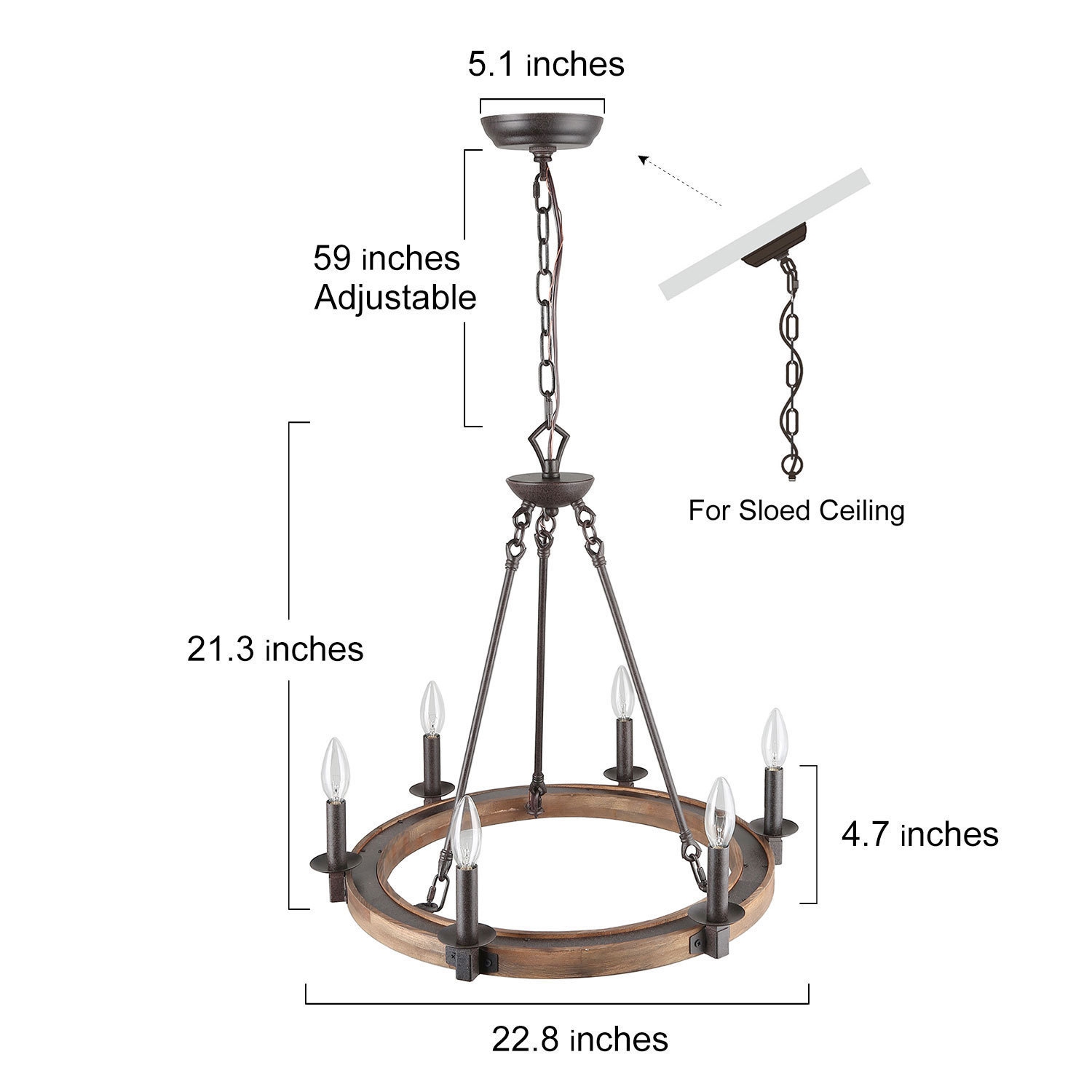 Lustre champêtre rustique à 6 lumières en forme de roue de chariot avec garnitures en bois