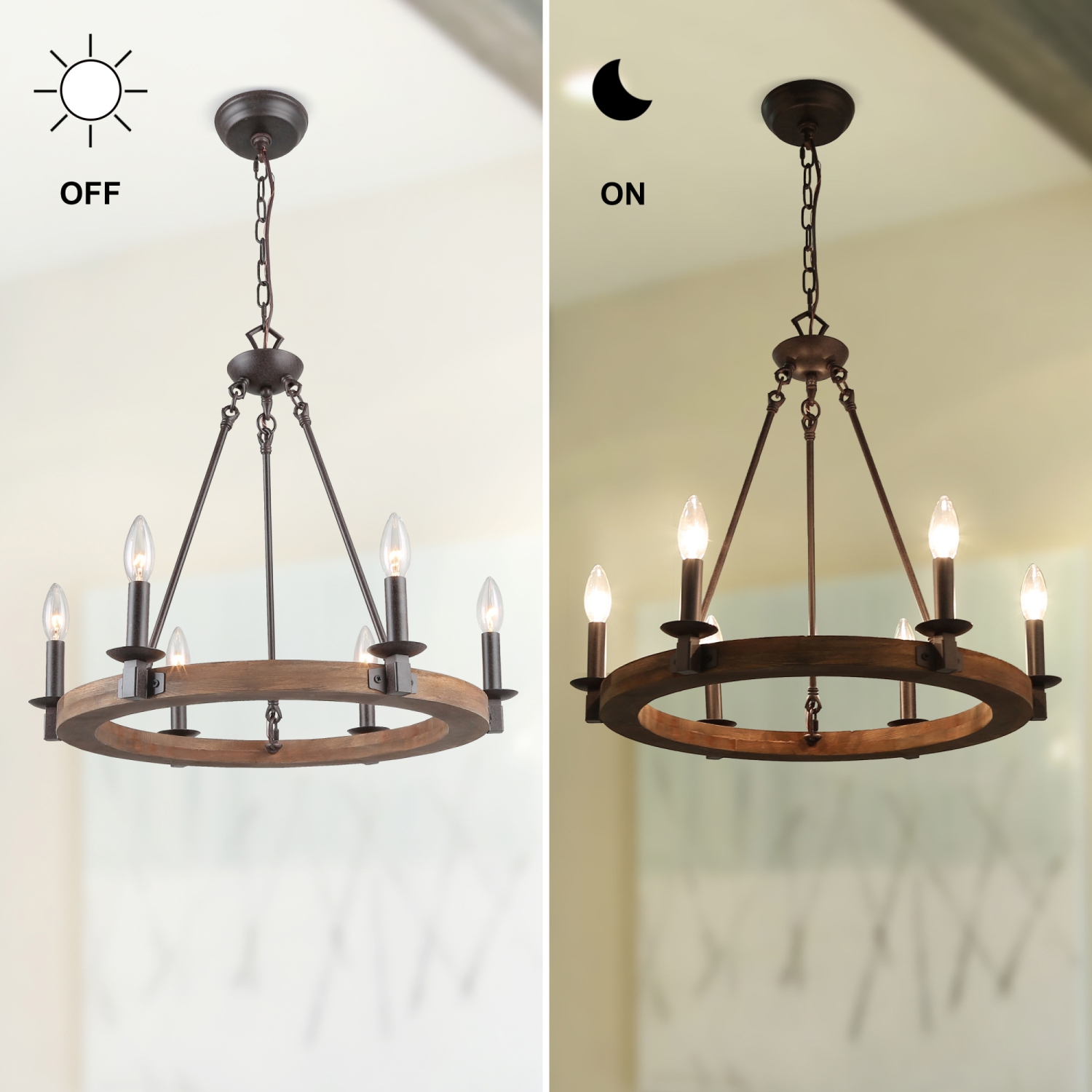 Lustre champêtre rustique à 6 lumières en forme de roue de chariot avec garnitures en bois