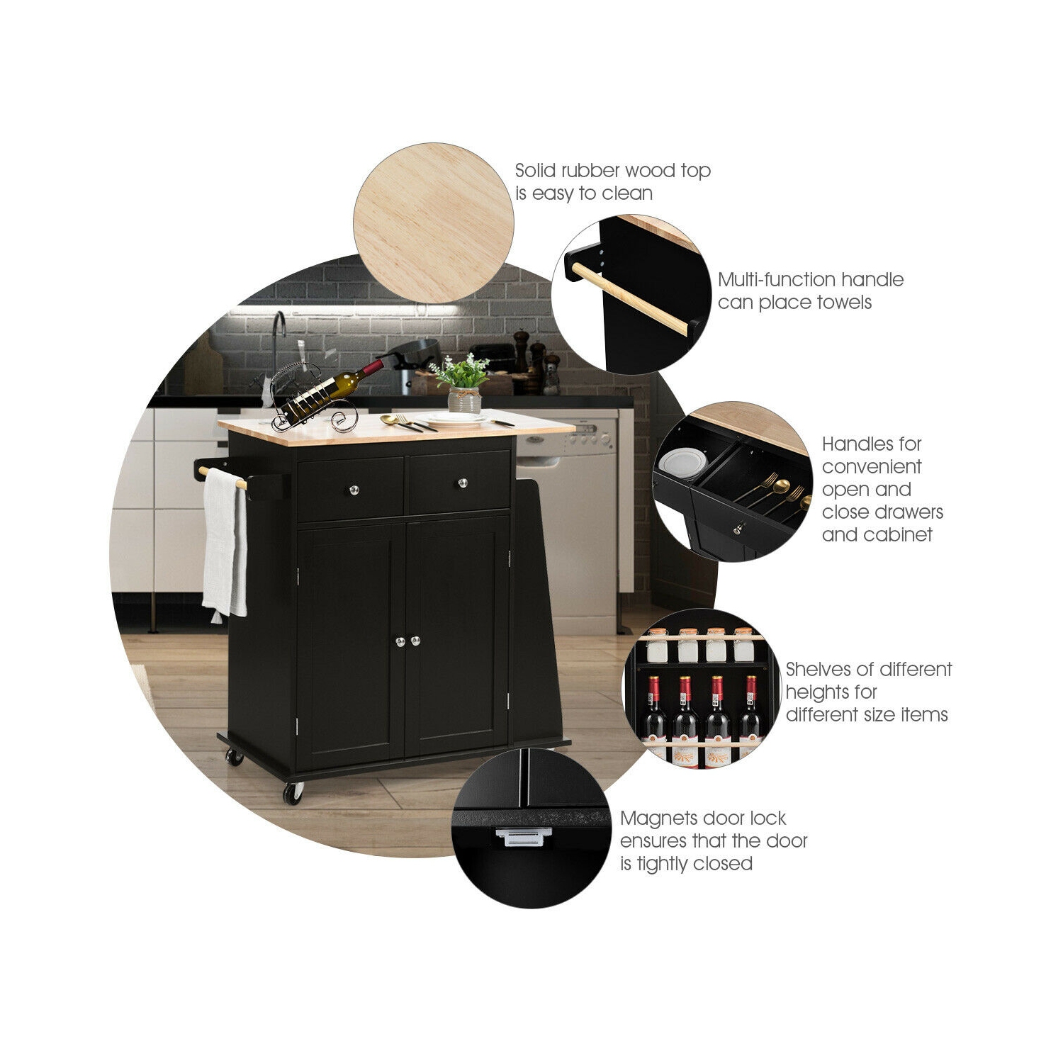 Rubber Wood Countertop Rolling Kitchen Island Cart-Black