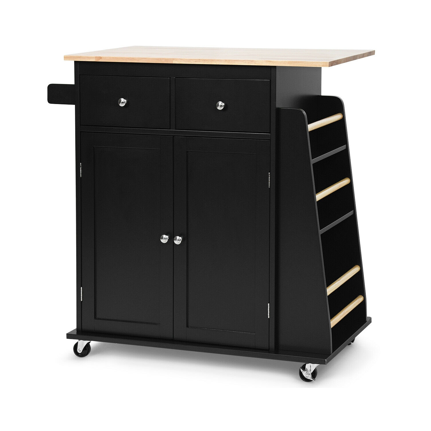 Rubber Wood Countertop Rolling Kitchen Island Cart-Black