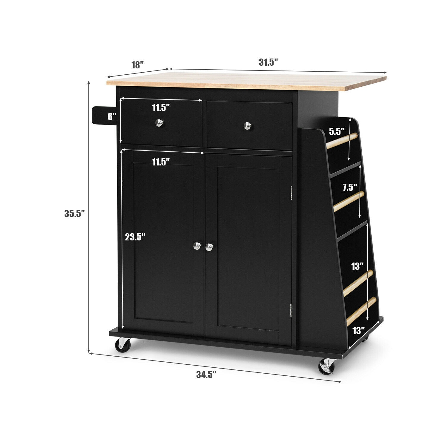 Rubber Wood Countertop Rolling Kitchen Island Cart-Black