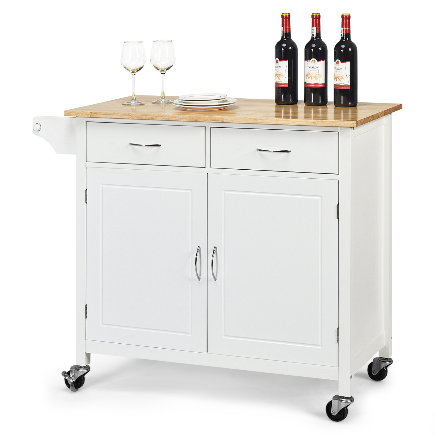 Modern Rolling Kitchen Cart Island with Wooden Top-White